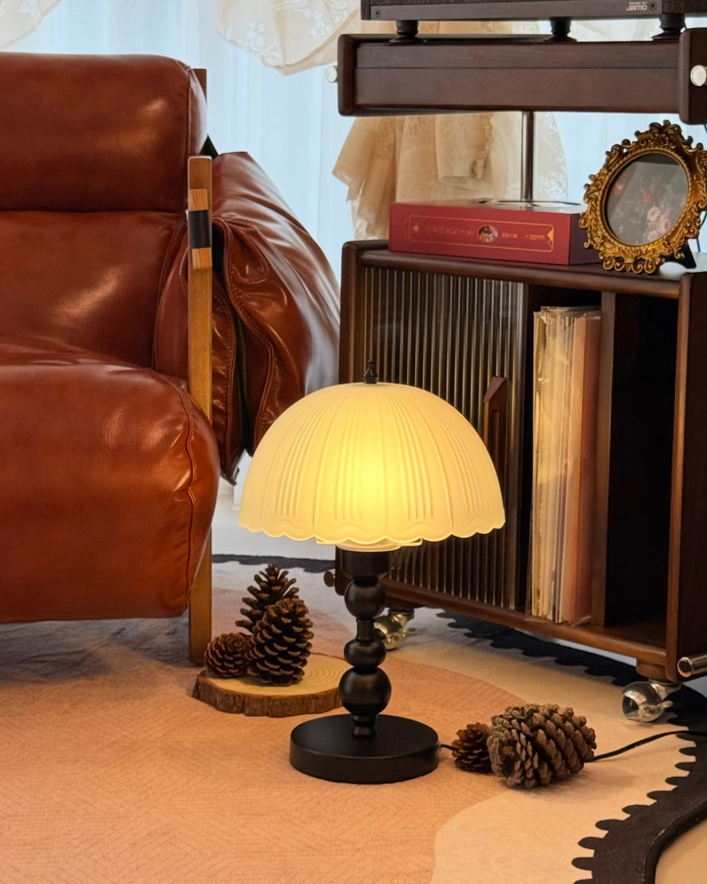 Vintage Ribbed Frosted Glass Table Lamp with Matte Black Metal Base