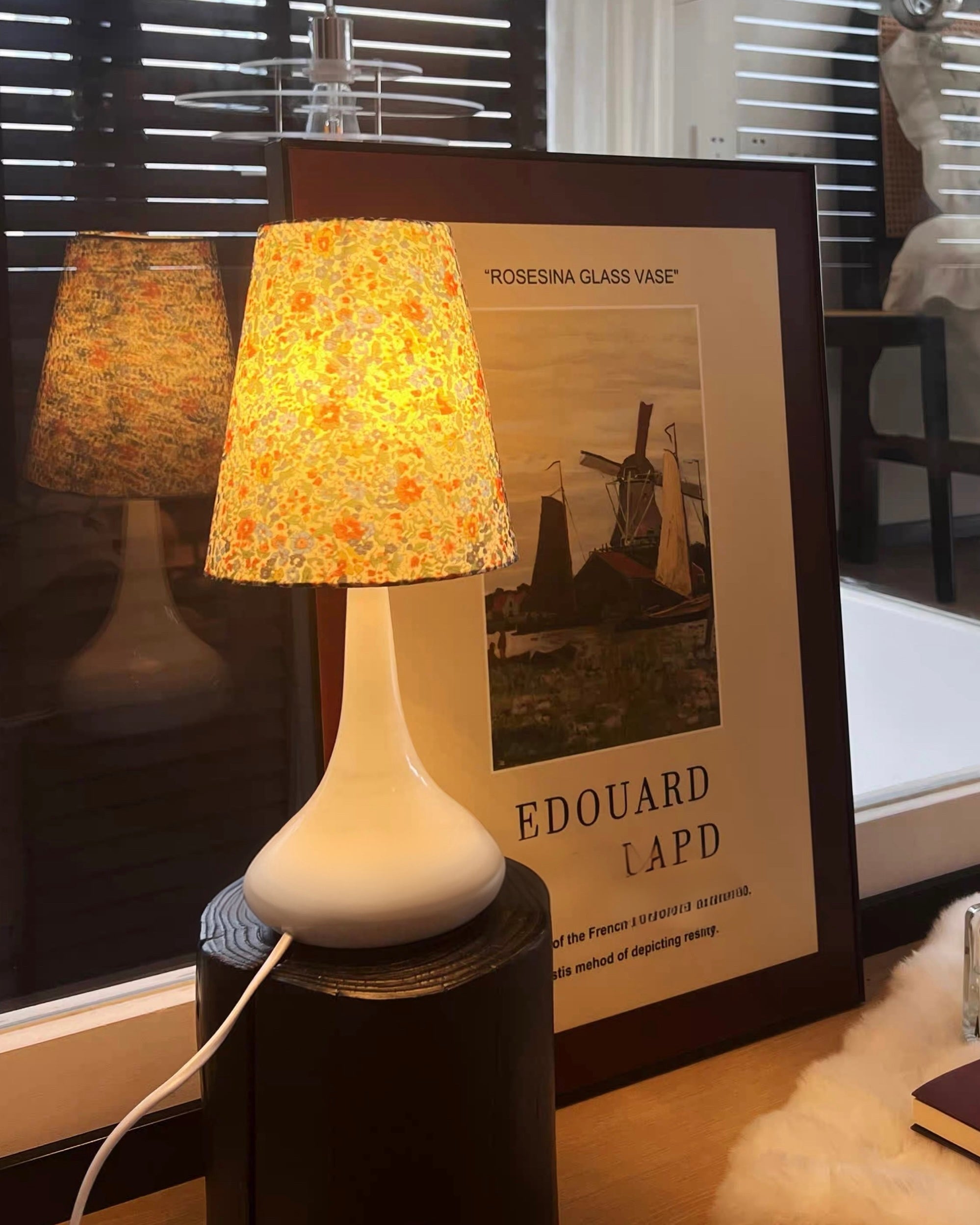 Vintage Floral Pleated Fabric Table Lamp with Teardrop Ceramic Base