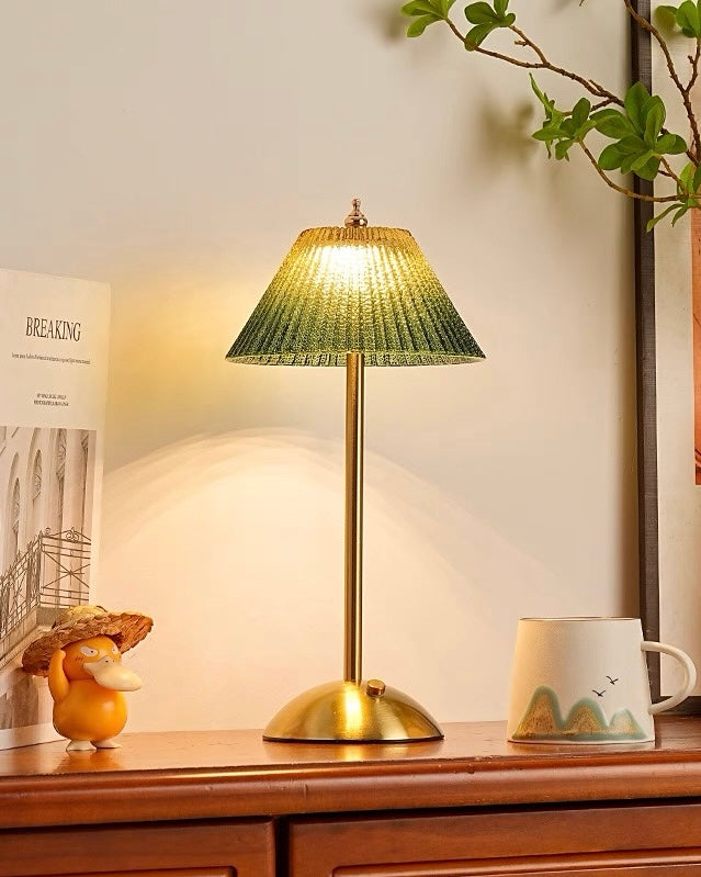 Nordic Retro Gradient Green Ribbed Glass Table Lamp with Brass Metal Base