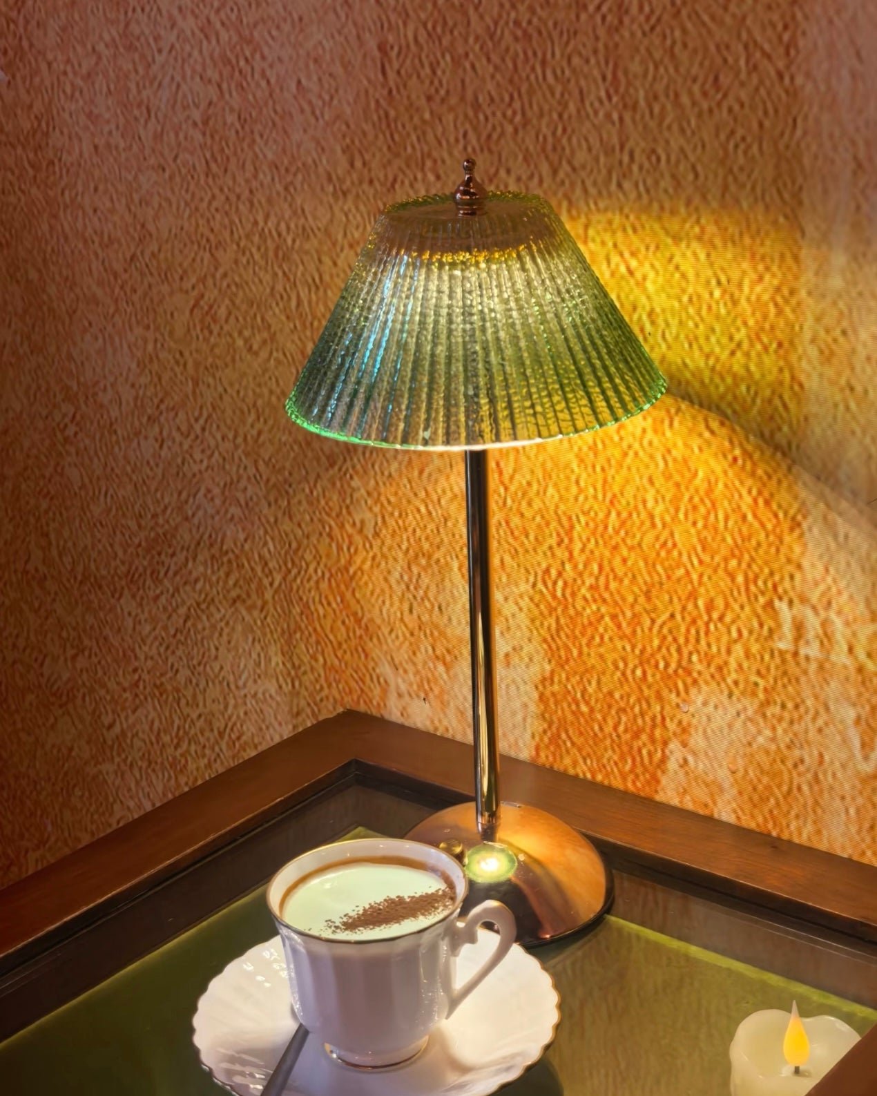 Nordic Retro Gradient Green Ribbed Glass Table Lamp with Brass Metal Base