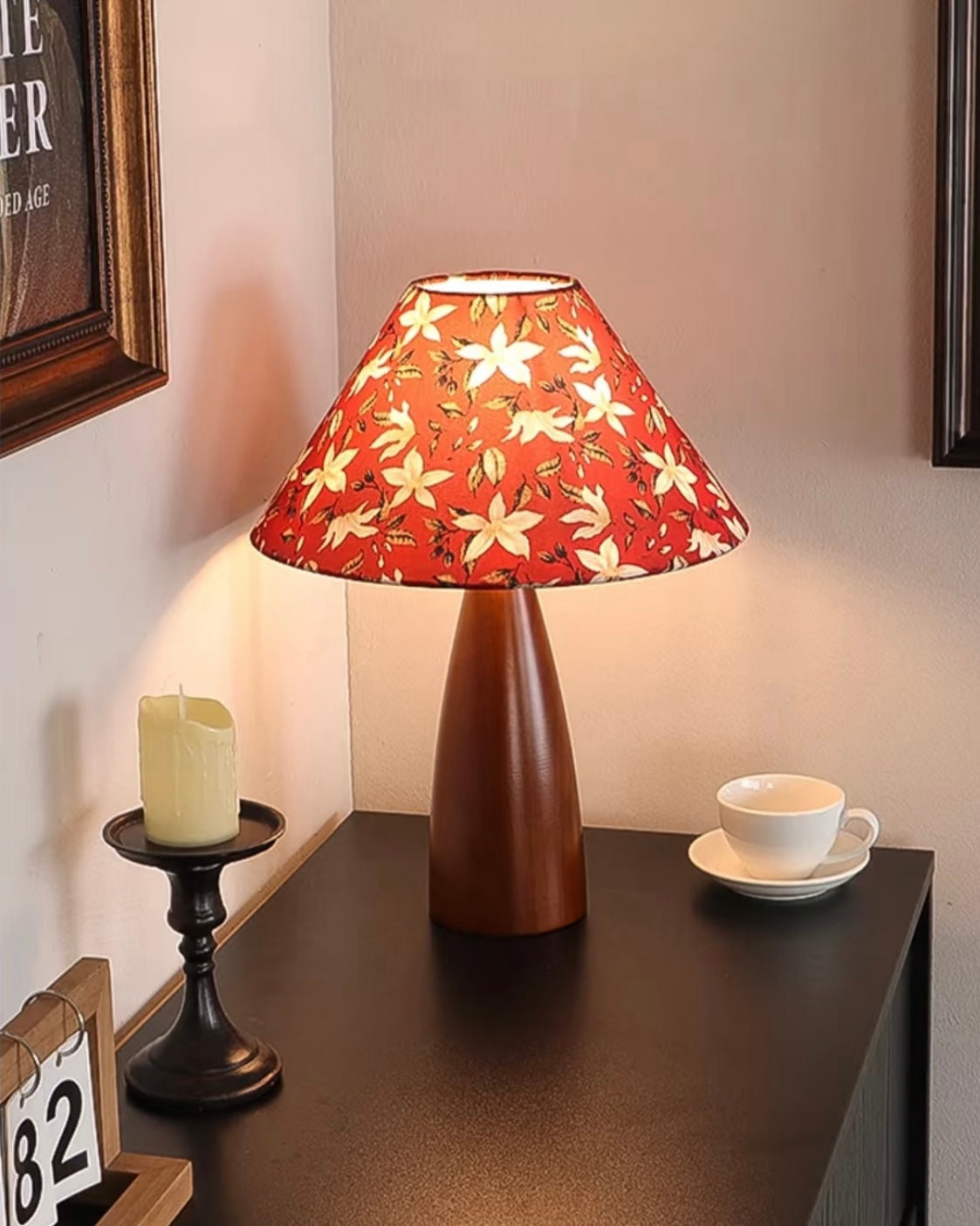 Mid-Century Floral Fabric Shade Table Lamp with Teardrop Wood Base