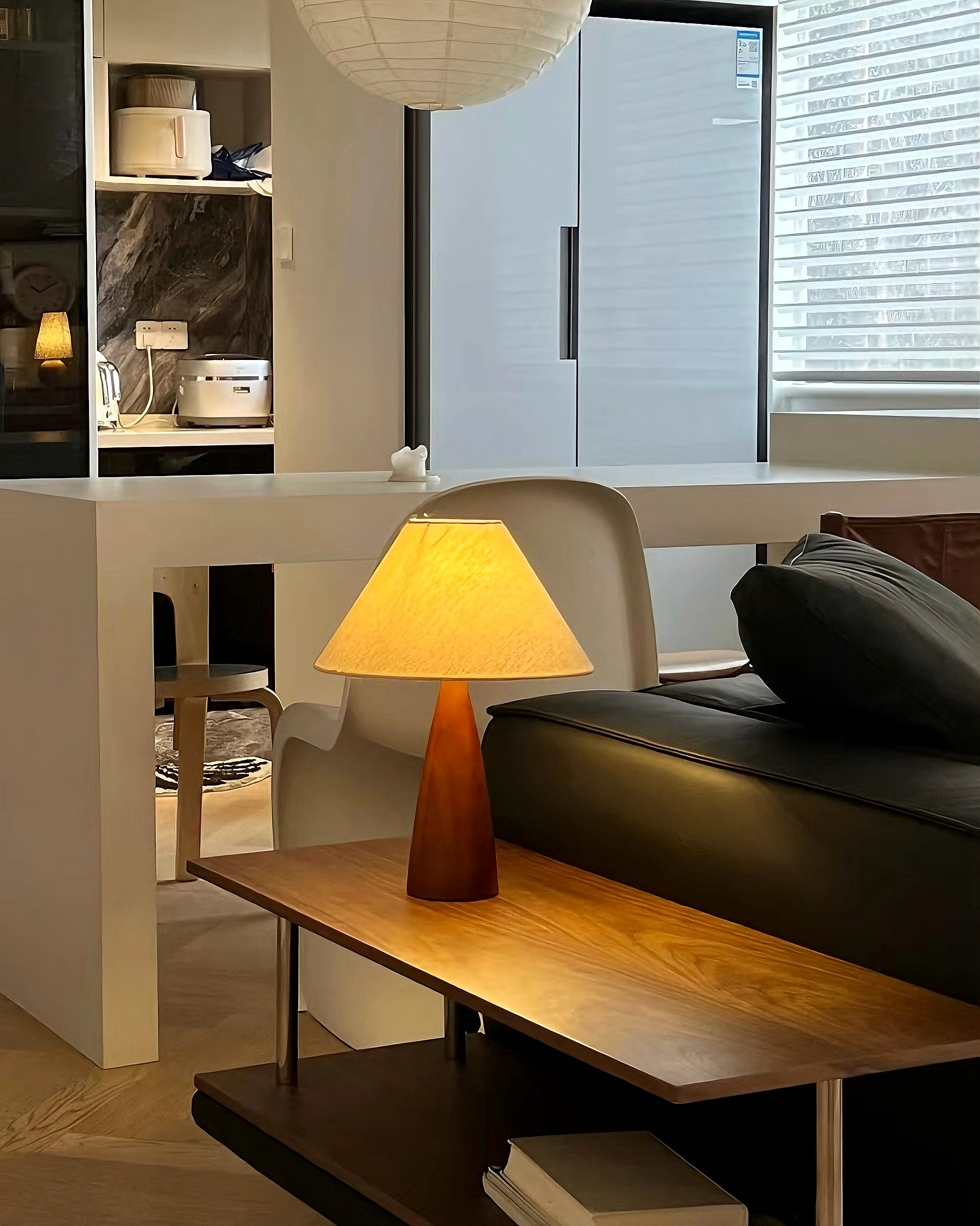 Mid-Century Floral Fabric Shade Table Lamp with Teardrop Wood Base