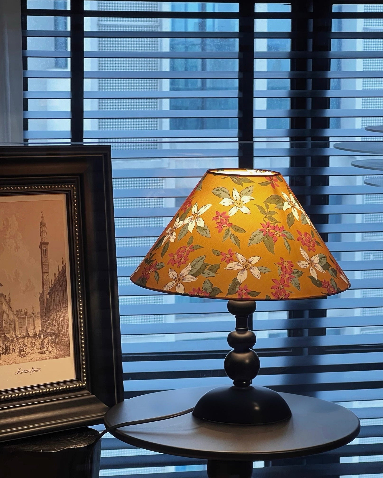 Vintage Floral Fabric Shade Table Lamp with Matte Black Metal Base