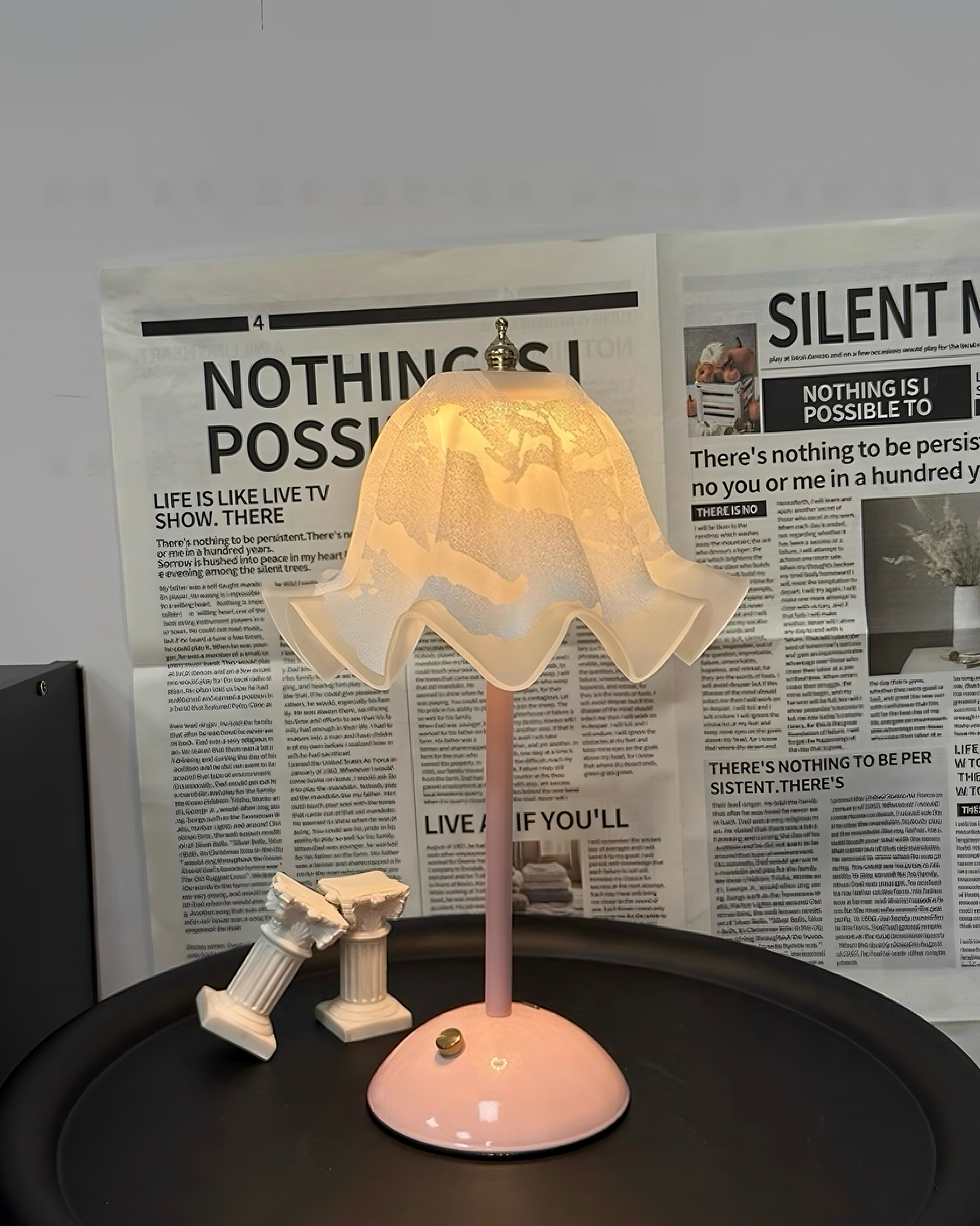 Romantic Floral Ruffled Glass Table Lamp with Blush Pink Metal Base