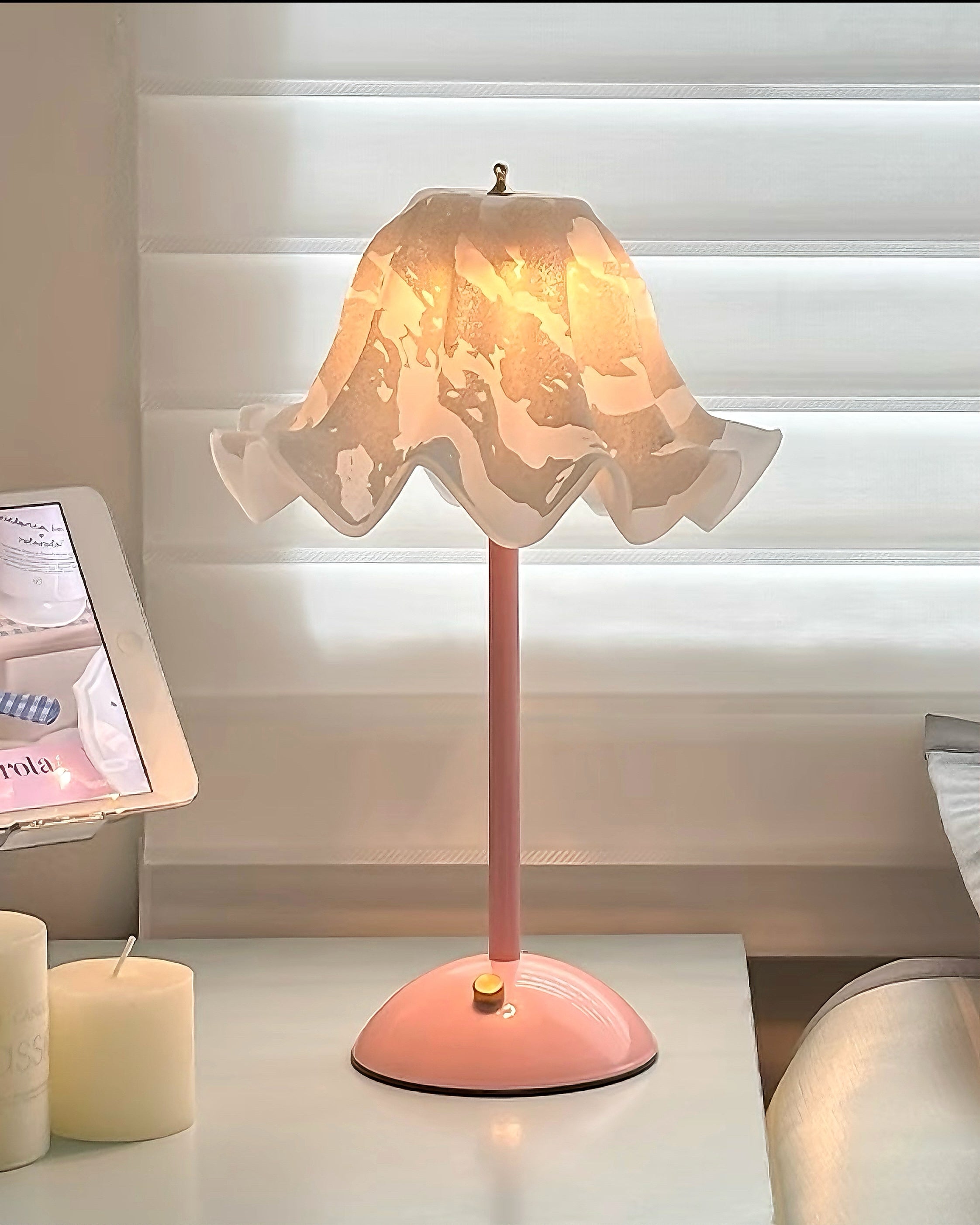 Romantic Floral Ruffled Glass Table Lamp with Blush Pink Metal Base
