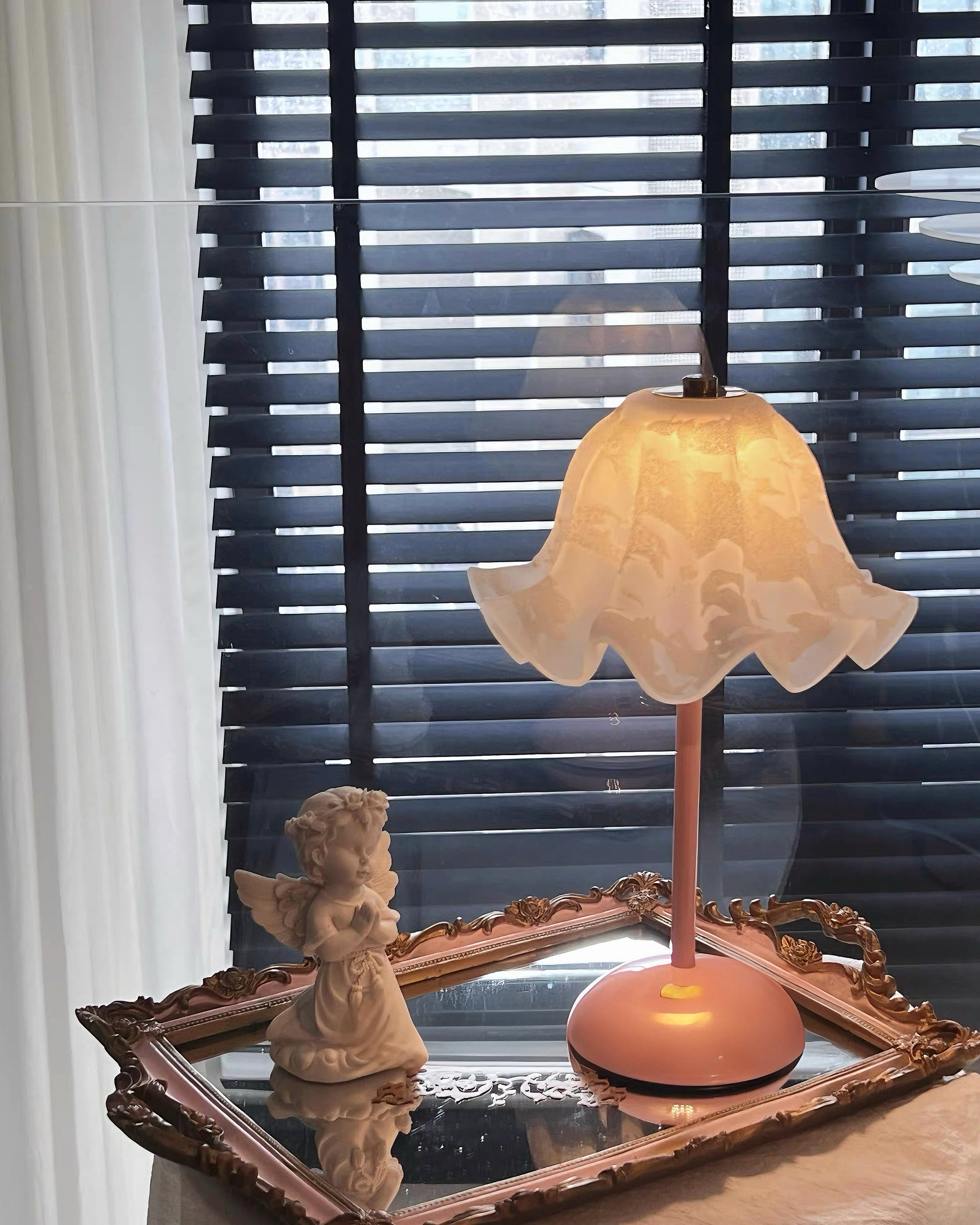 Romantic Floral Ruffled Glass Table Lamp with Blush Pink Metal Base