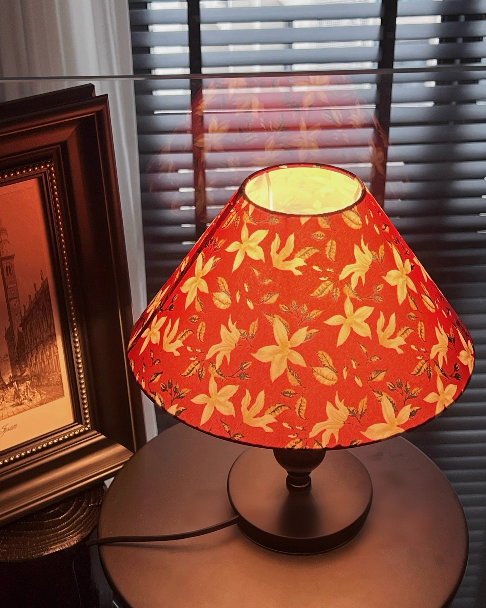 Vintage Floral Fabric Shade Table Lamp with Matte Black Metal Base