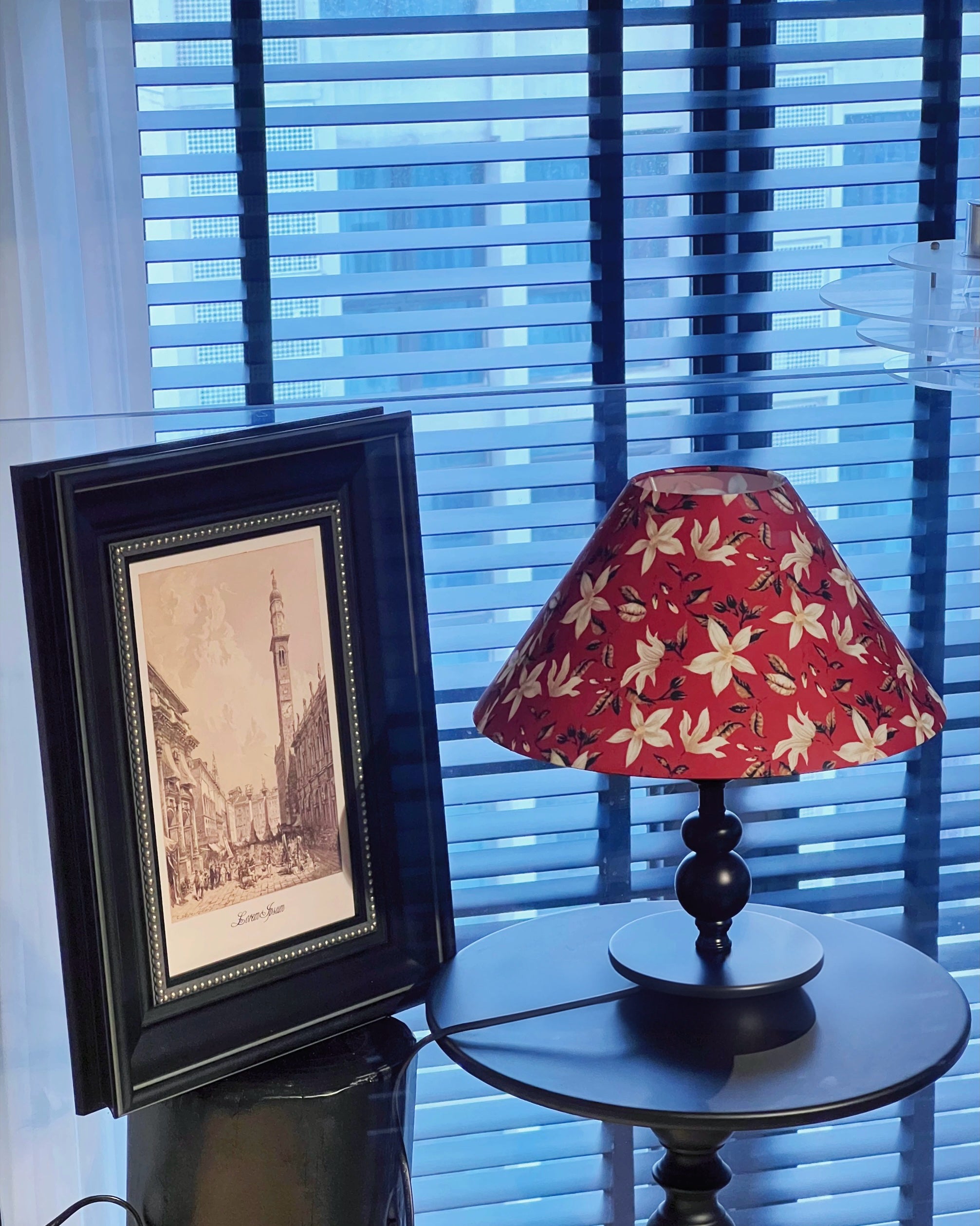 Vintage Floral Fabric Shade Table Lamp with Matte Black Metal Base
