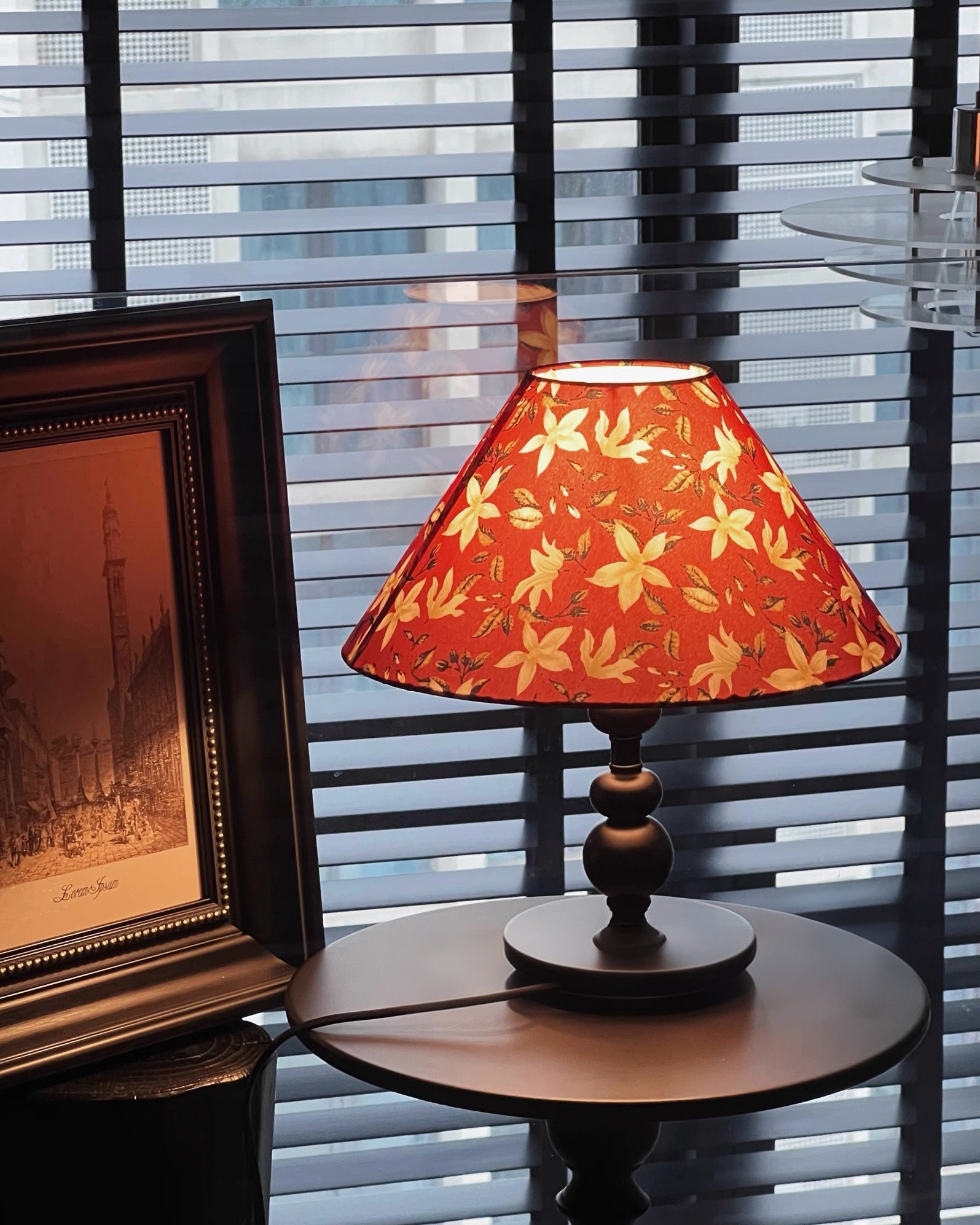 Vintage Floral Fabric Shade Table Lamp with Matte Black Metal Base