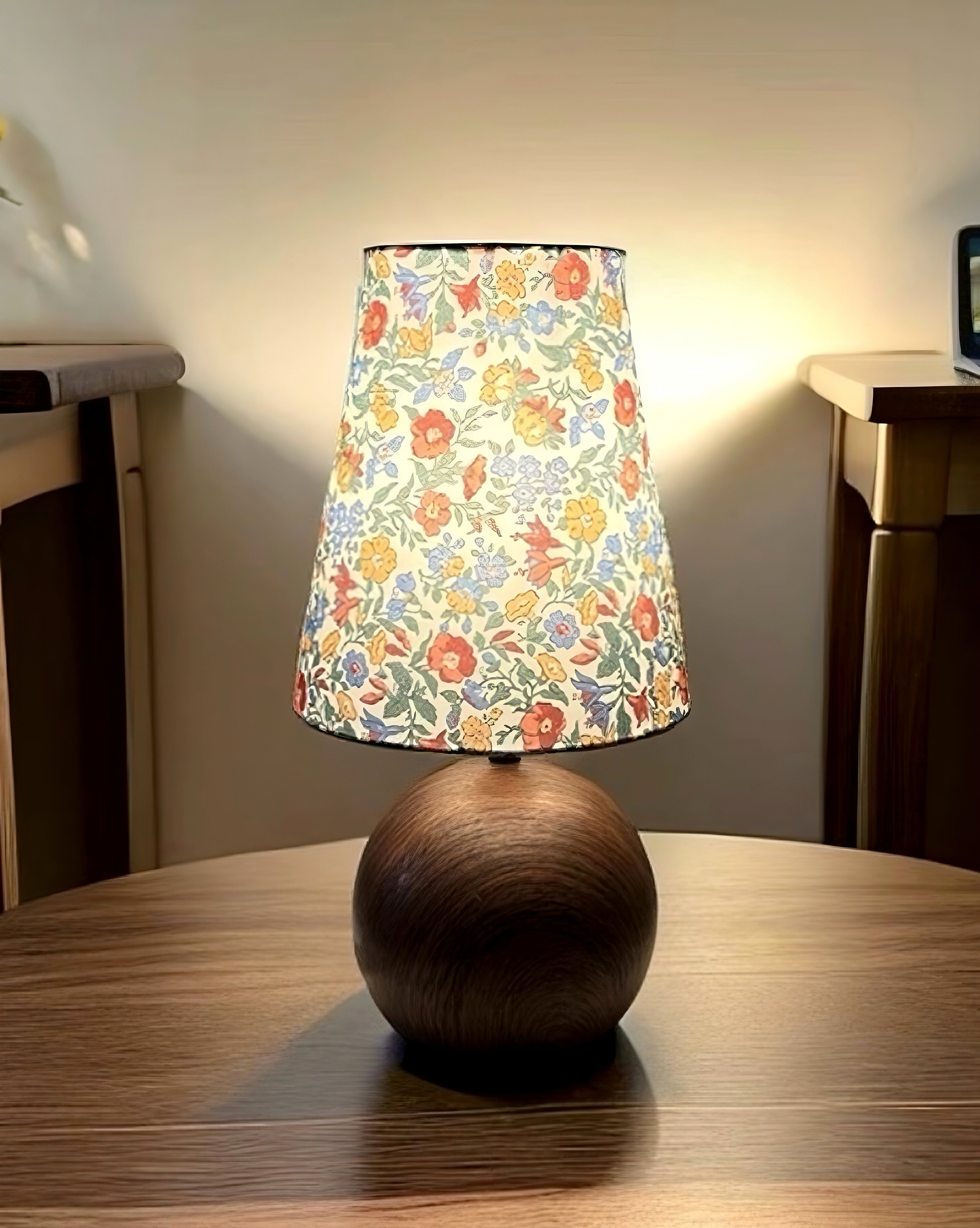 Nordic Retro Floral Fabric Table Lamp with Round Wood Base