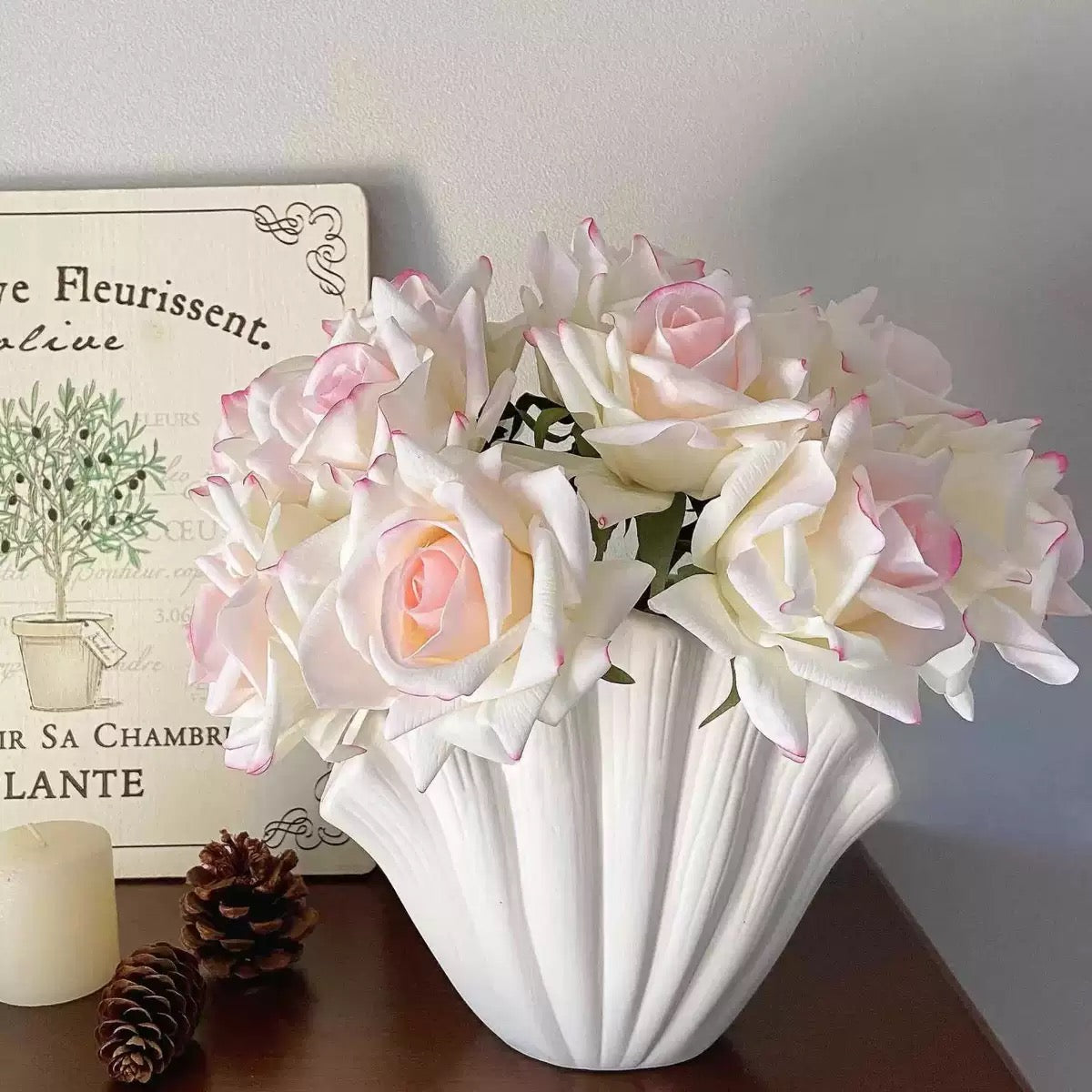 Faux Rose Bouquet - Pink Edged (10 Stems / 10 Roses)