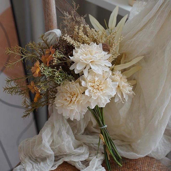 Faux Mixed Floral Bouquet - Cream and Orange (Multiple Stems)