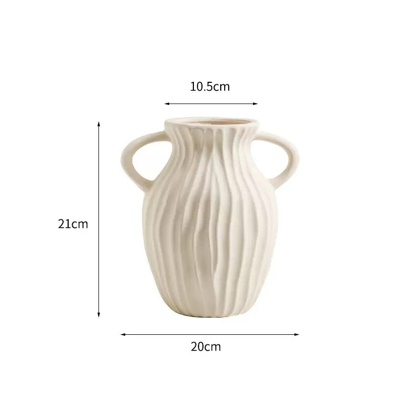Double Handled Textured Vase - White