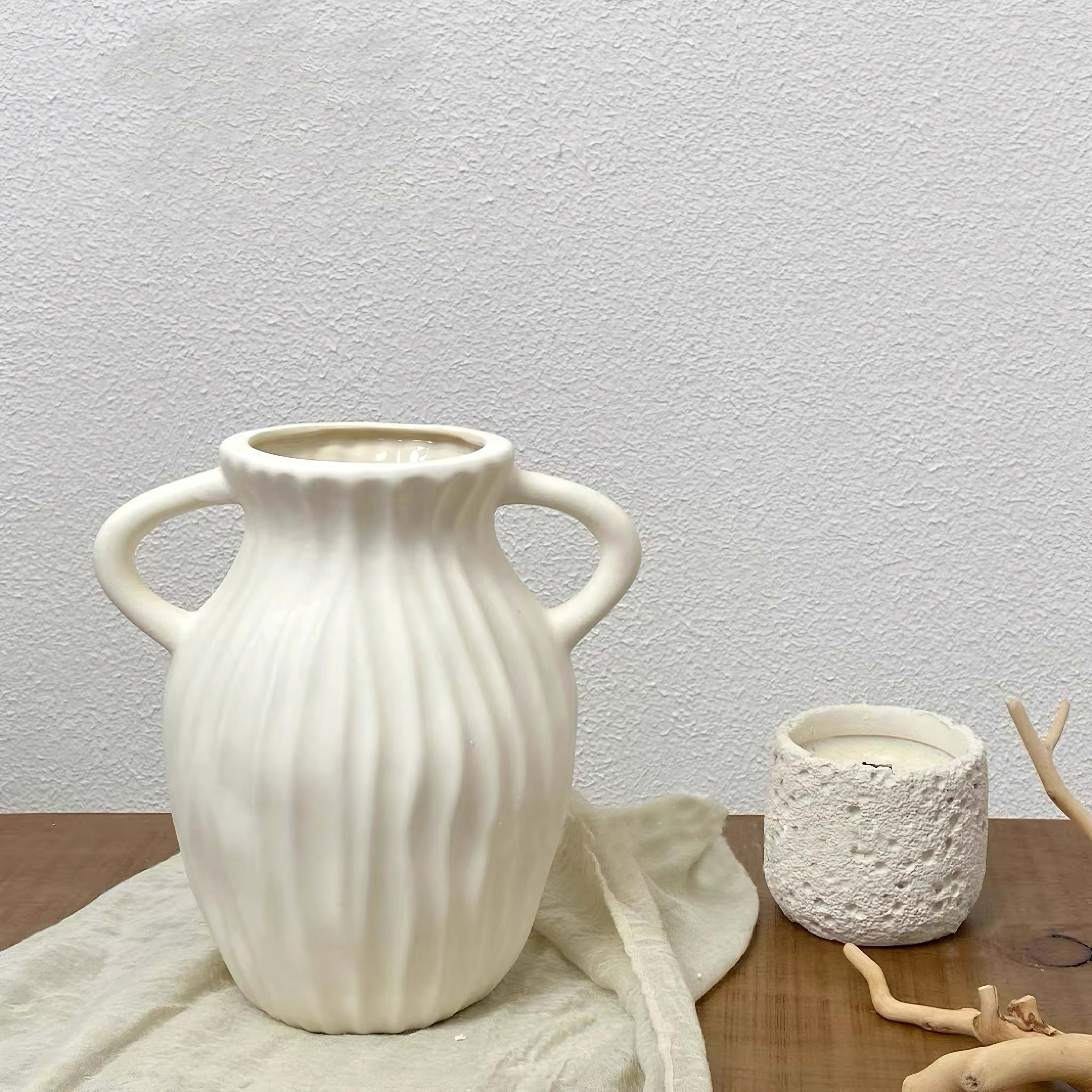 Double Handled Textured Vase - White