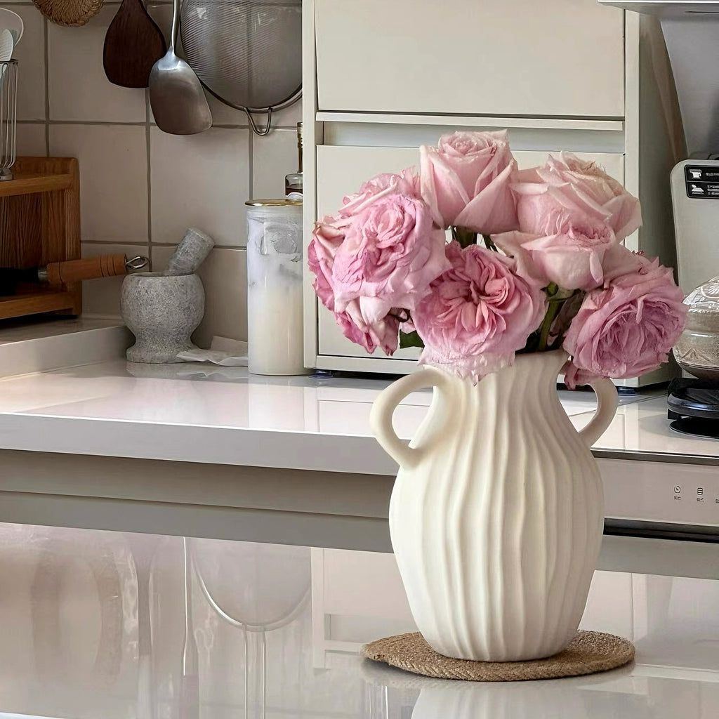 Double Handled Textured Vase - White