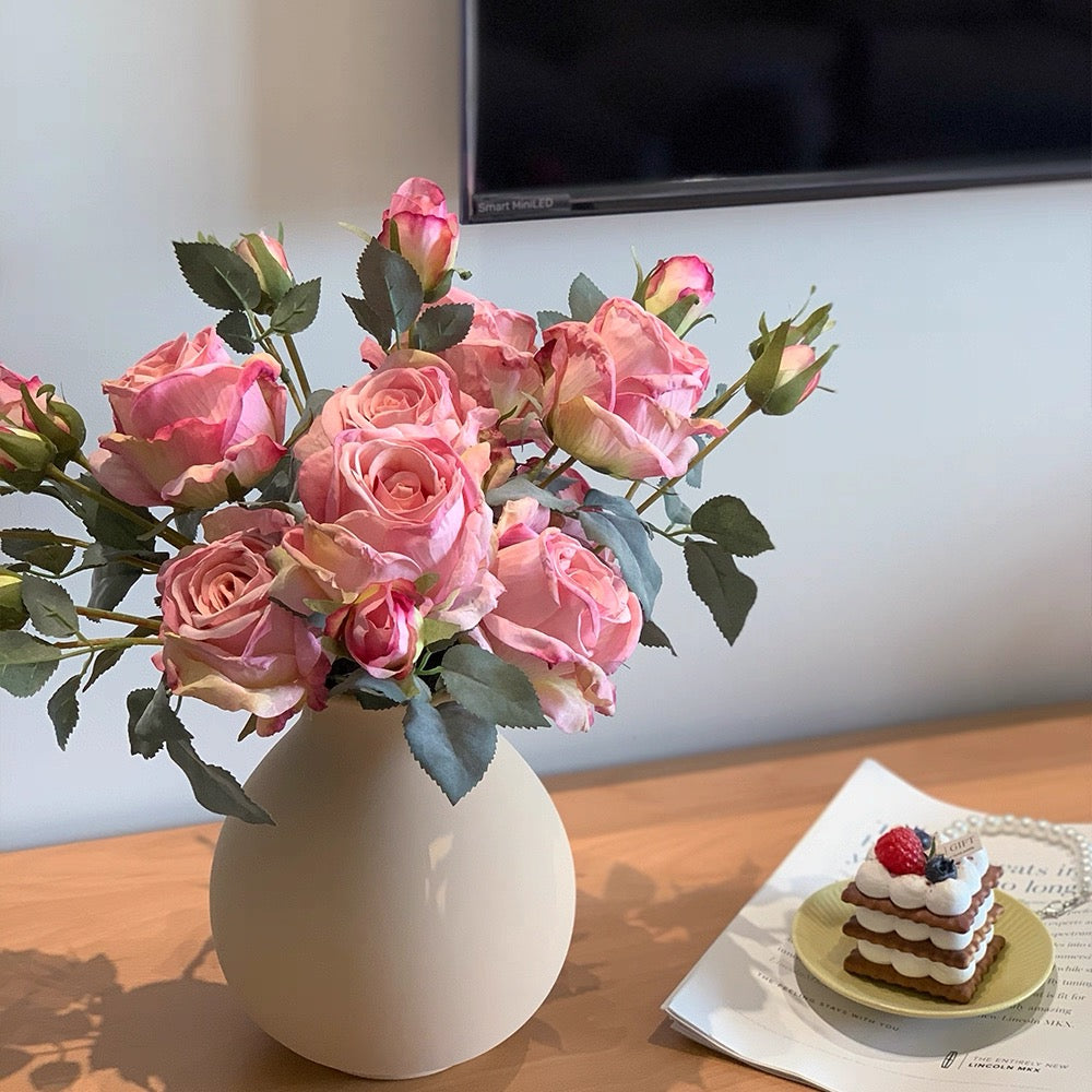 Faux Floral Arrangement - Pink Rose & Greenery (4 Stems)