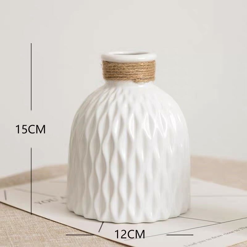 Rope Trimmed Textured Vase - White