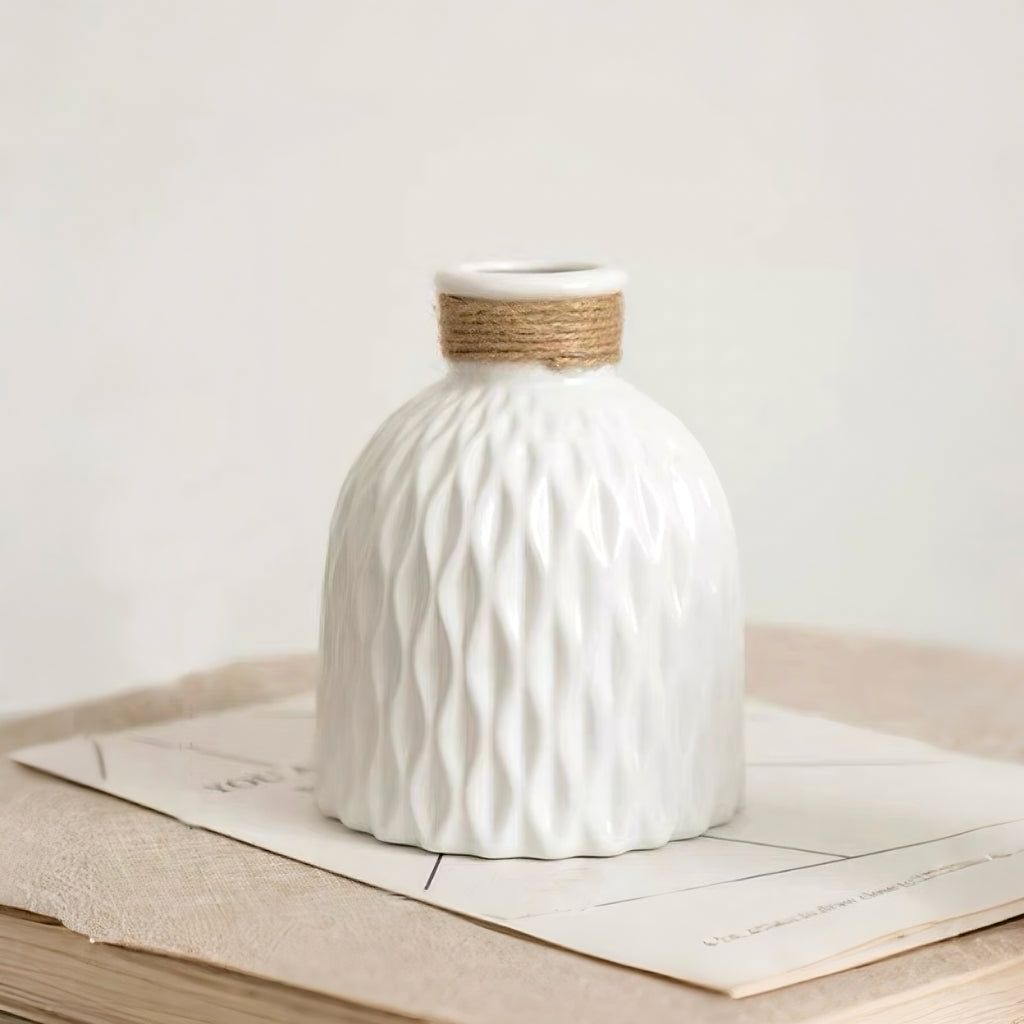 Rope Trimmed Textured Vase - White