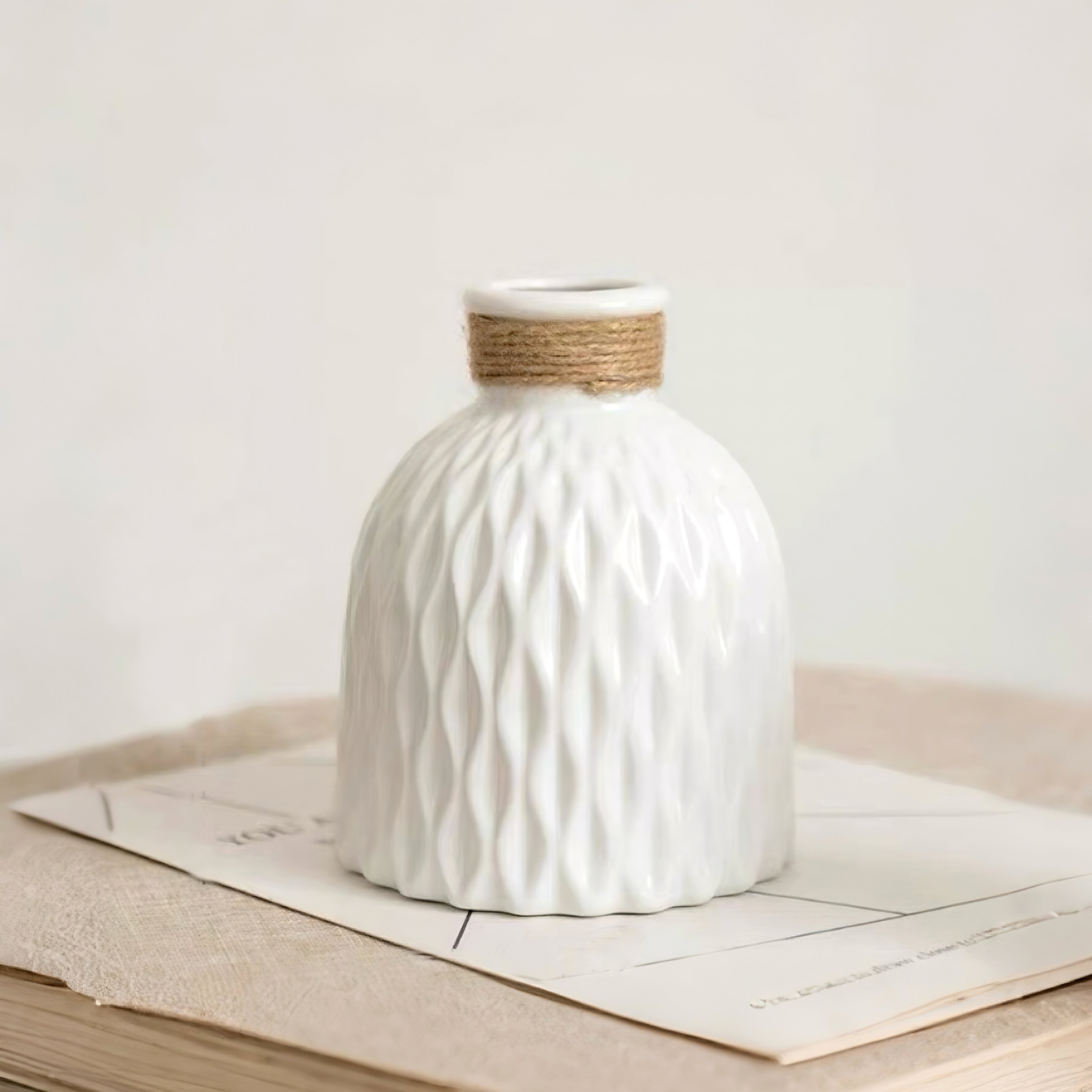 Rope Trimmed Textured Vase - White