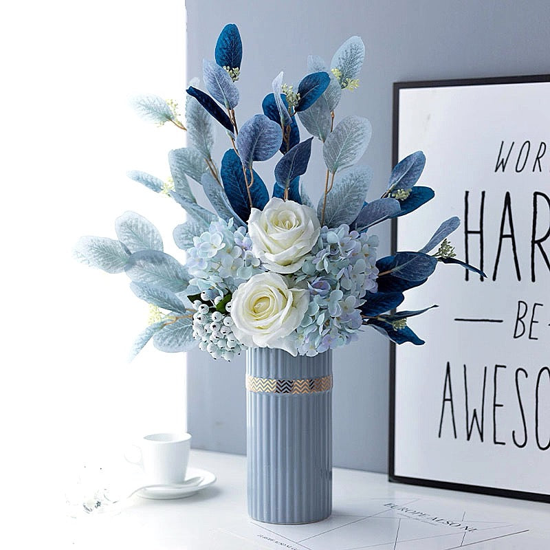 Faux Floral Arrangement - Blue & White Blooms with Gradient Foliage