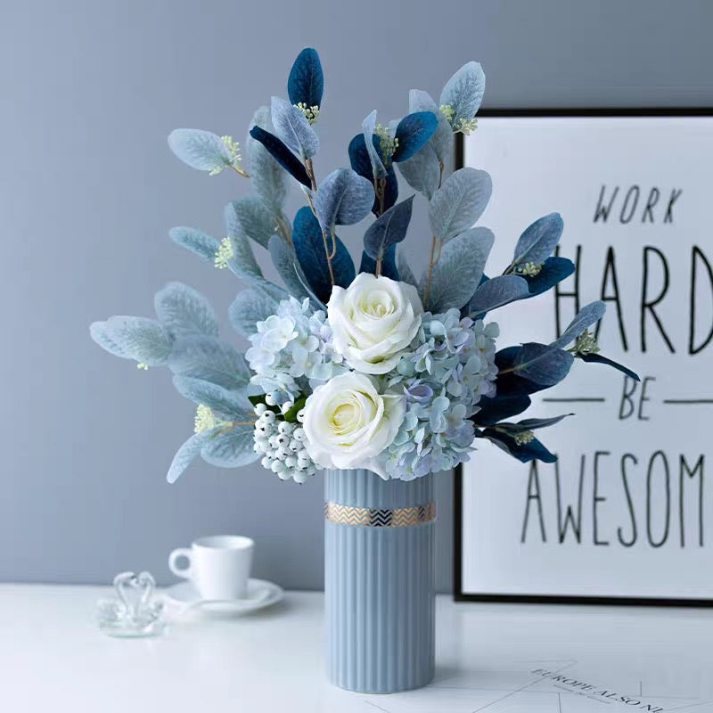 Faux Floral Arrangement - Blue & White Blooms with Gradient Foliage