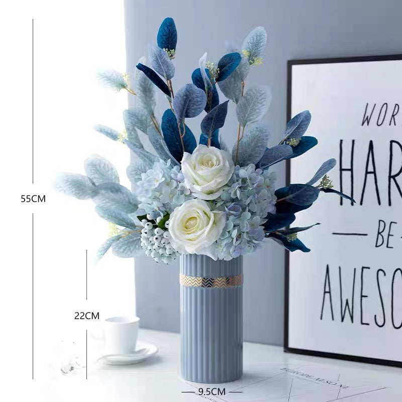Faux Floral Arrangement - Blue & White Blooms with Gradient Foliage