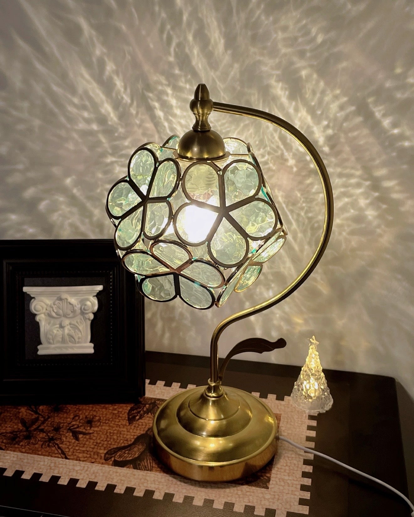 Whispering Clover: Artisan Stained Glass and Brass Table Lamp