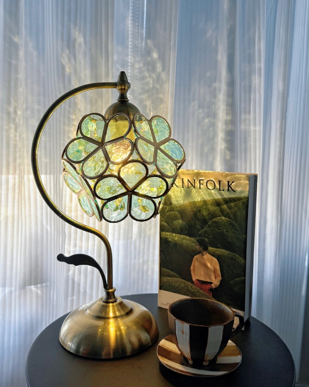 Whispering Clover: Artisan Stained Glass and Brass Table Lamp