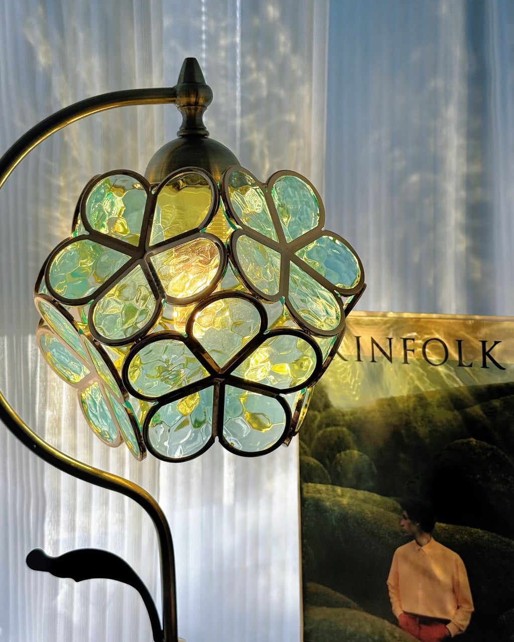 Whispering Clover: Artisan Stained Glass and Brass Table Lamp
