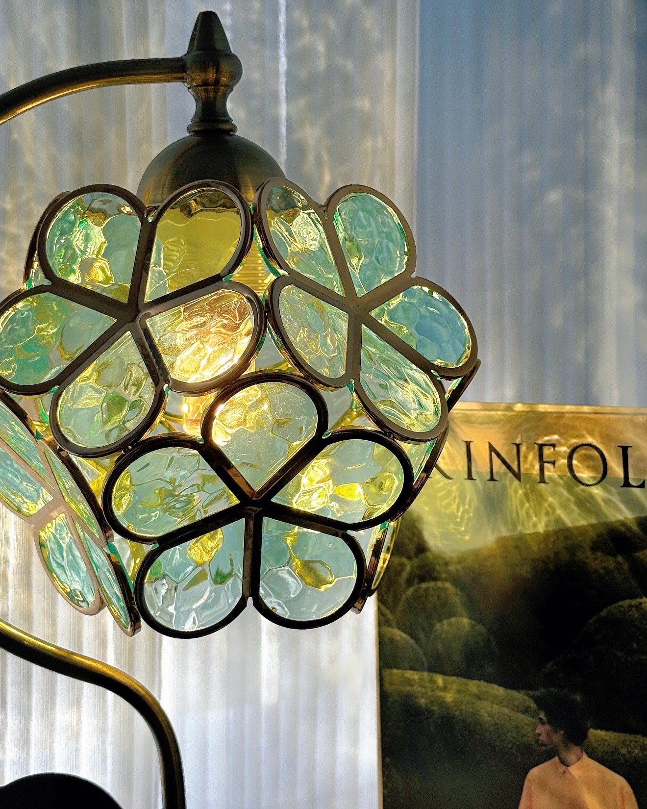 Whispering Clover: Artisan Stained Glass and Brass Table Lamp