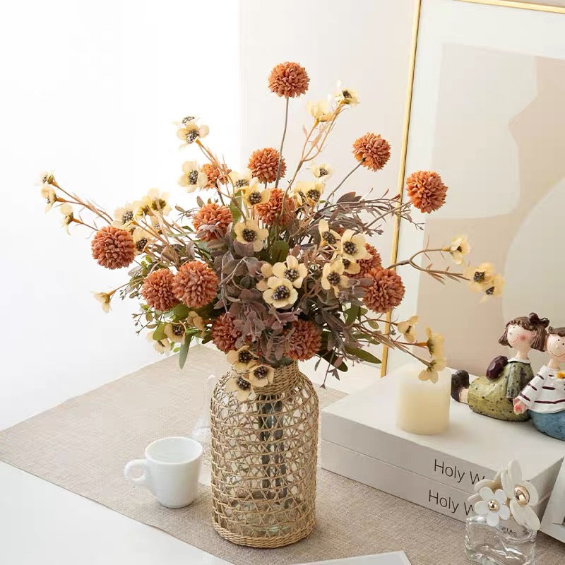 Faux Floral Arrangement - Orange PomPom & Cream Flower