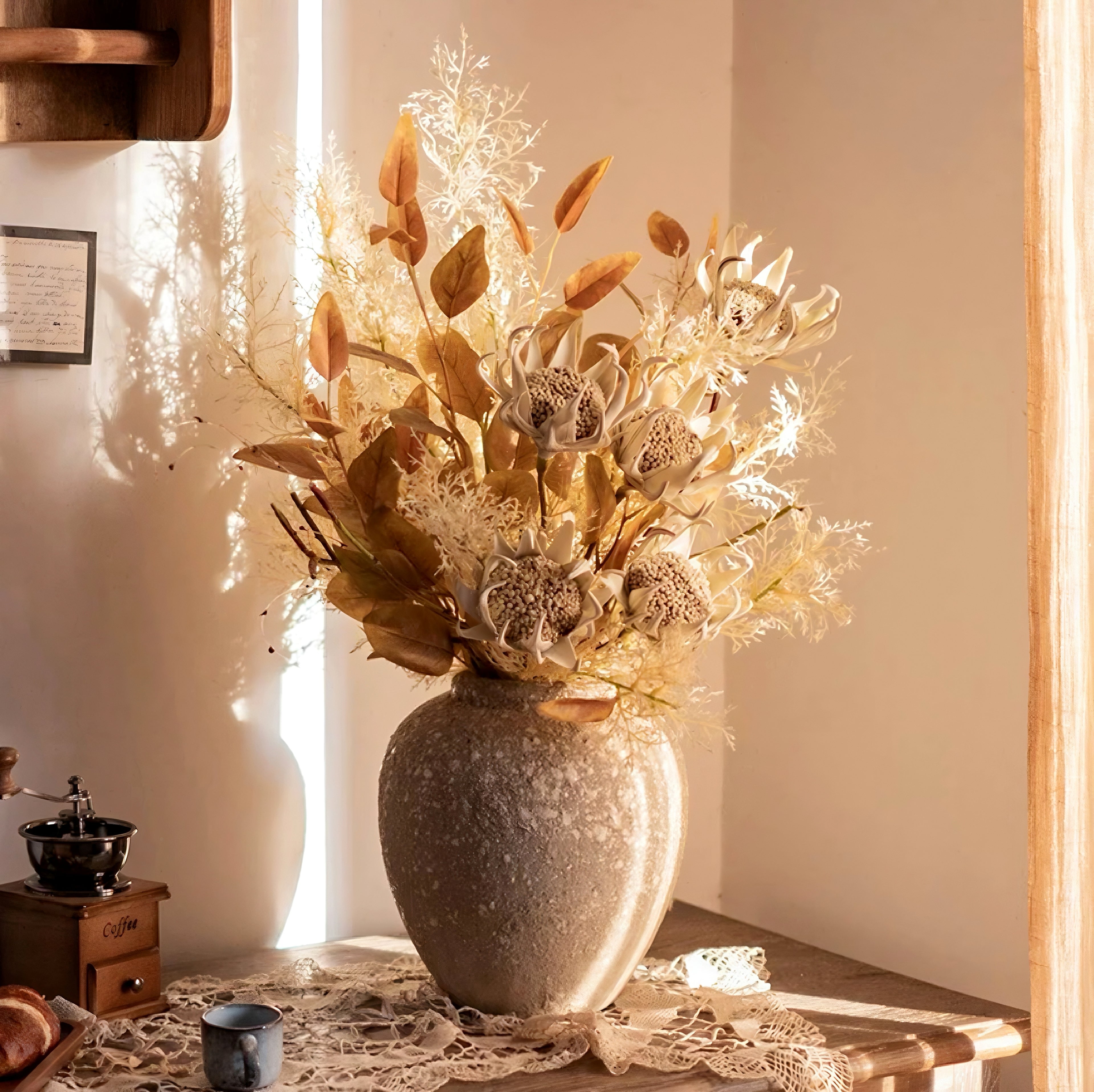 Faux Floral Arrangement - Neutral Tones Protea & Foliage