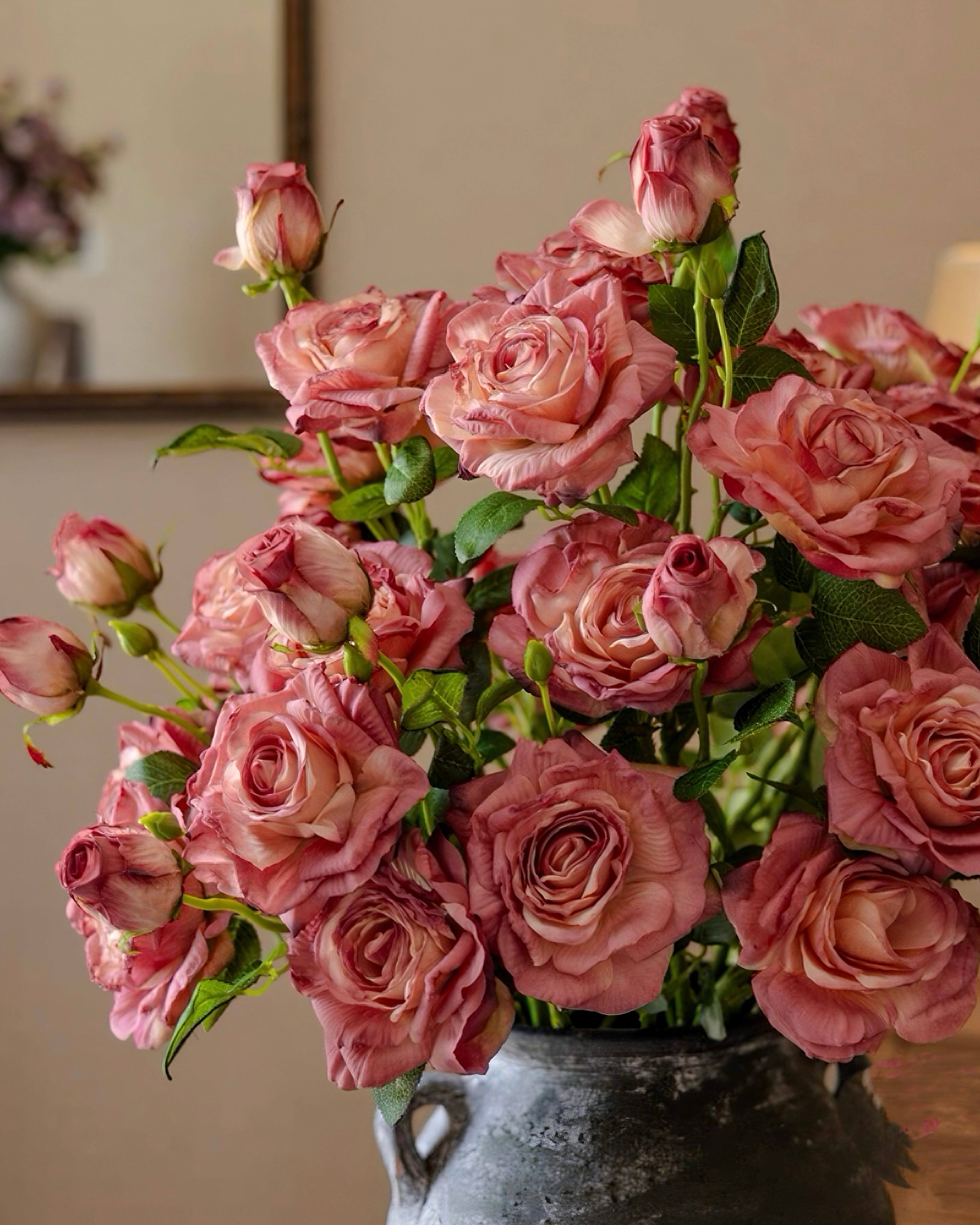 Elegant Faux Floral Arrangement - Pink Rose & Greenery