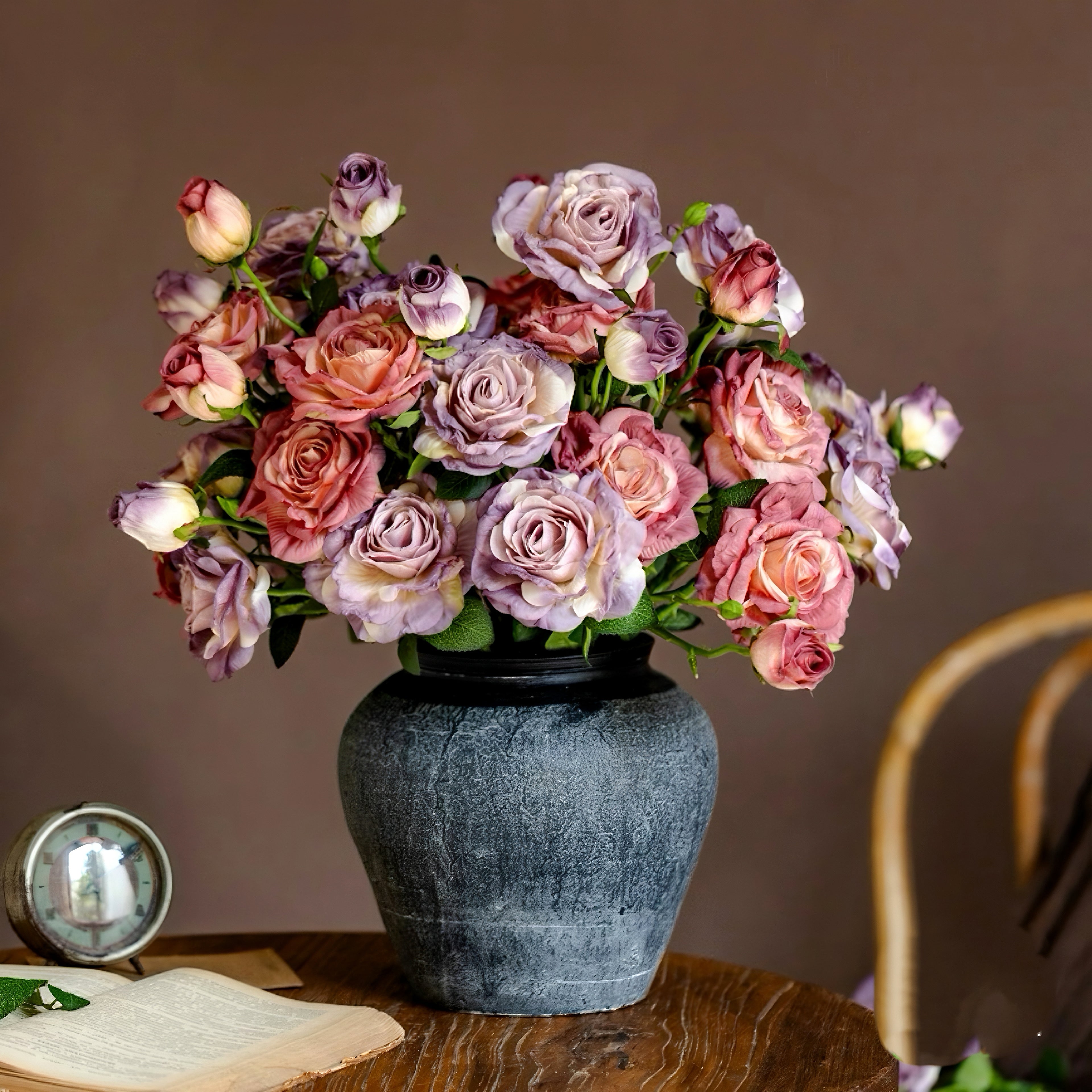 Vintage Hued Pink and Lavender Rose Faux Floral Arrangement