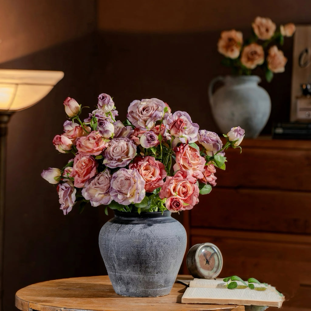 Vintage Hued Pink and Lavender Rose Faux Floral Arrangement
