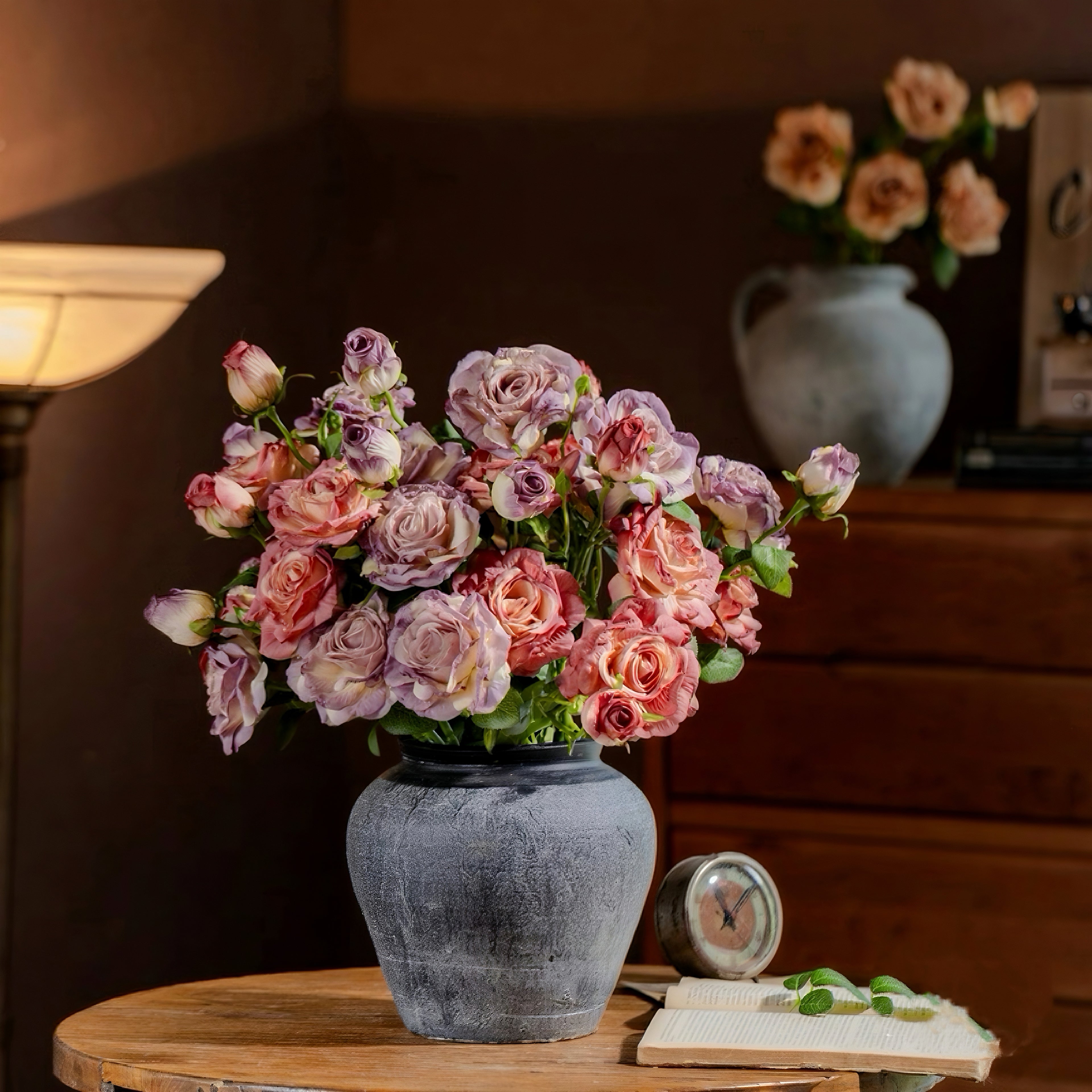 Vintage Hued Pink and Lavender Rose Faux Floral Arrangement