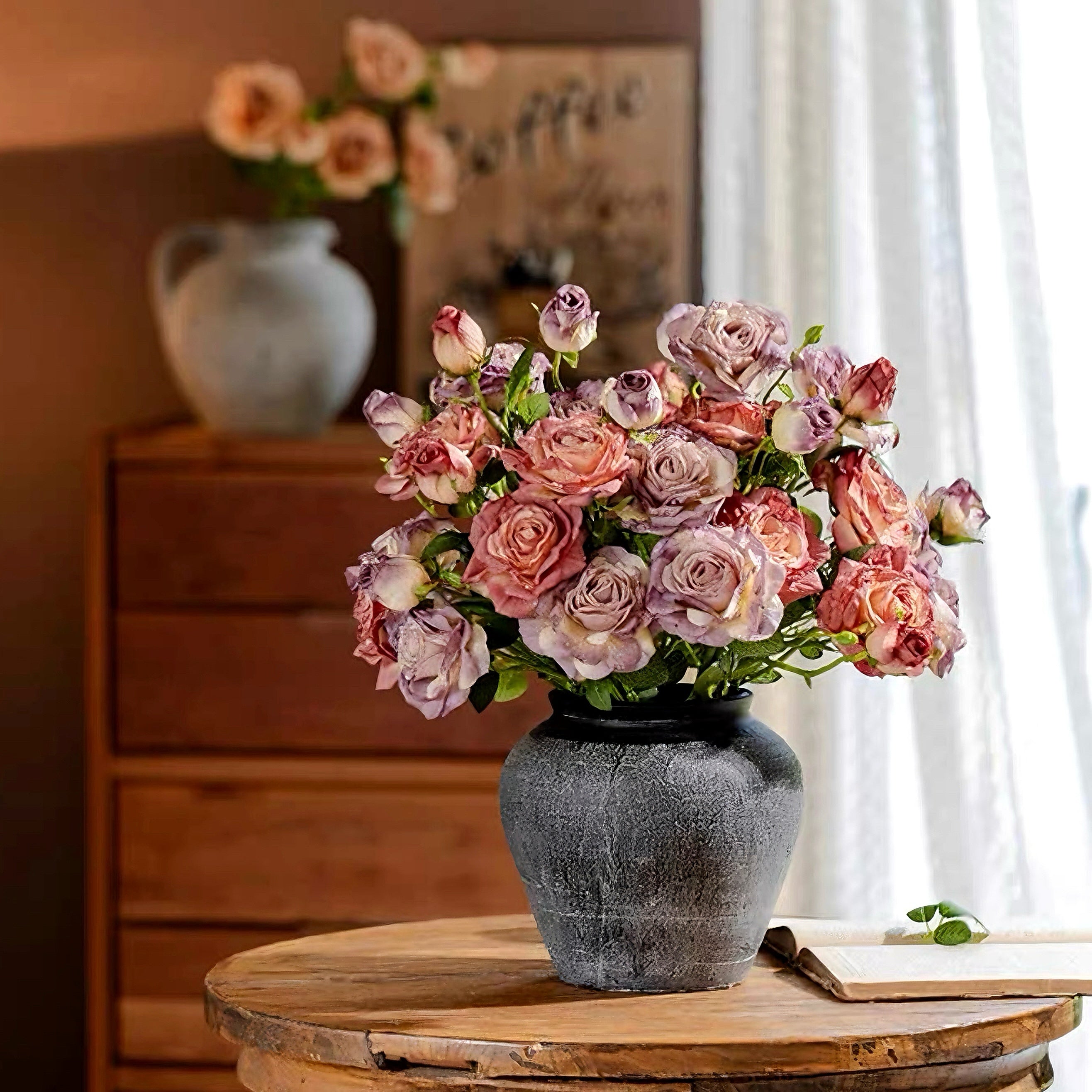 Vintage Hued Pink and Lavender Rose Faux Floral Arrangement