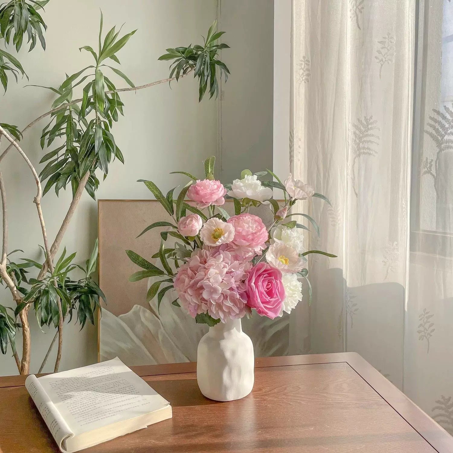 Blush Woodland Rose & Hydrangea Faux Floral Arrangement