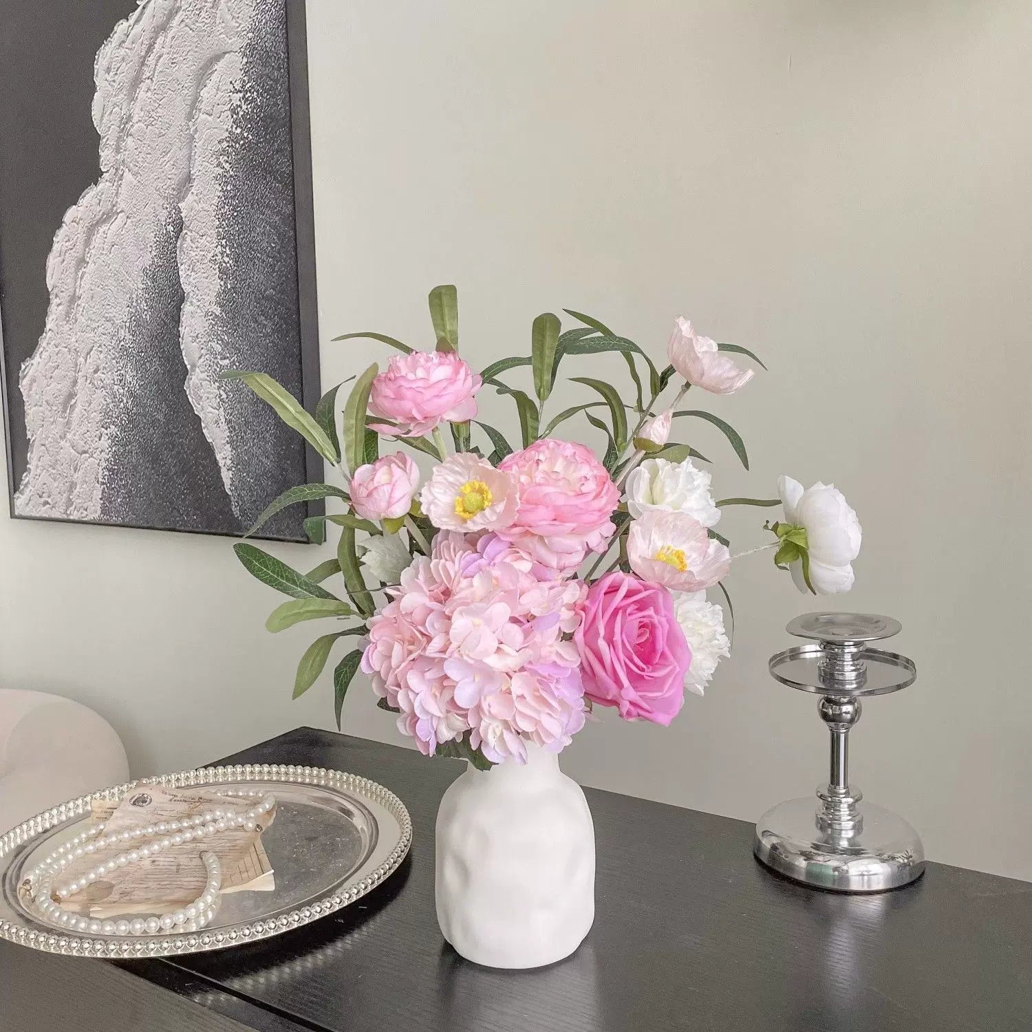 Blush Woodland Rose & Hydrangea Faux Floral Arrangement