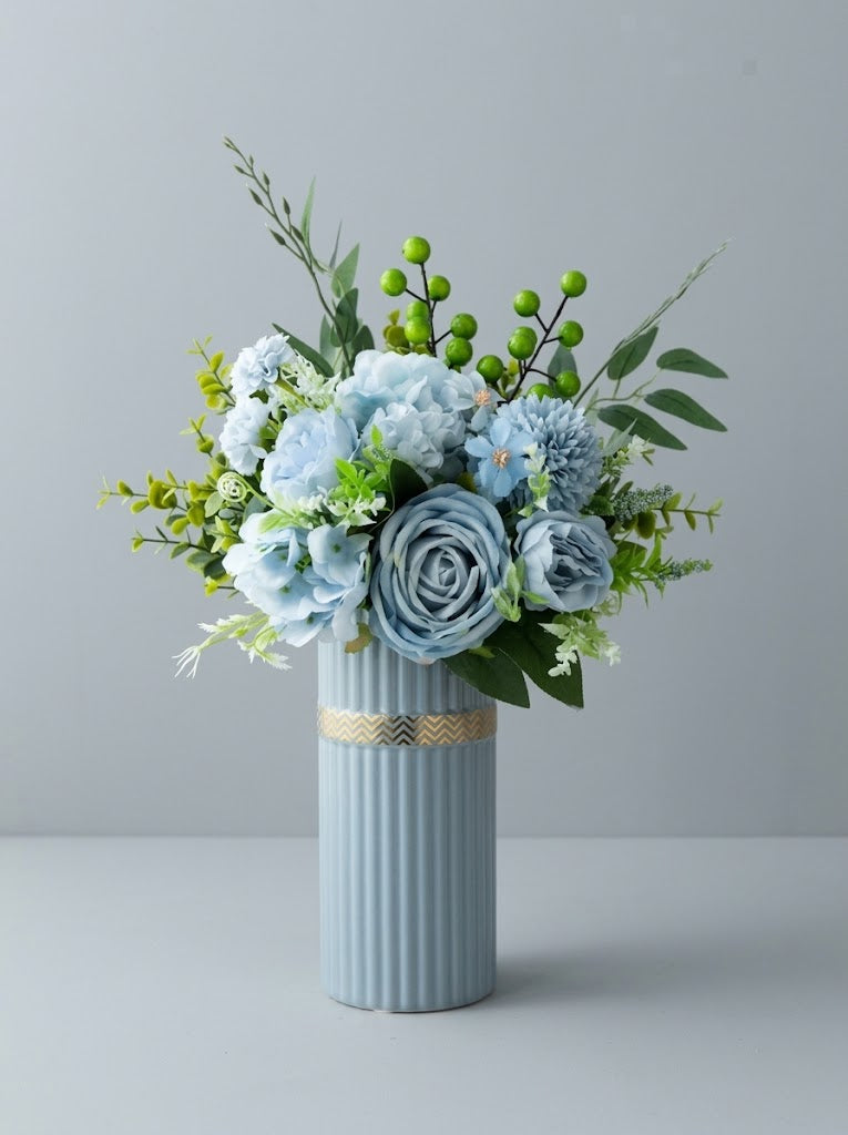 Nordic Soft Blue Rose Botanical Berry Faux Floral Arrangement