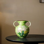 Hand-Painted Green Floral Two-Handled Vase