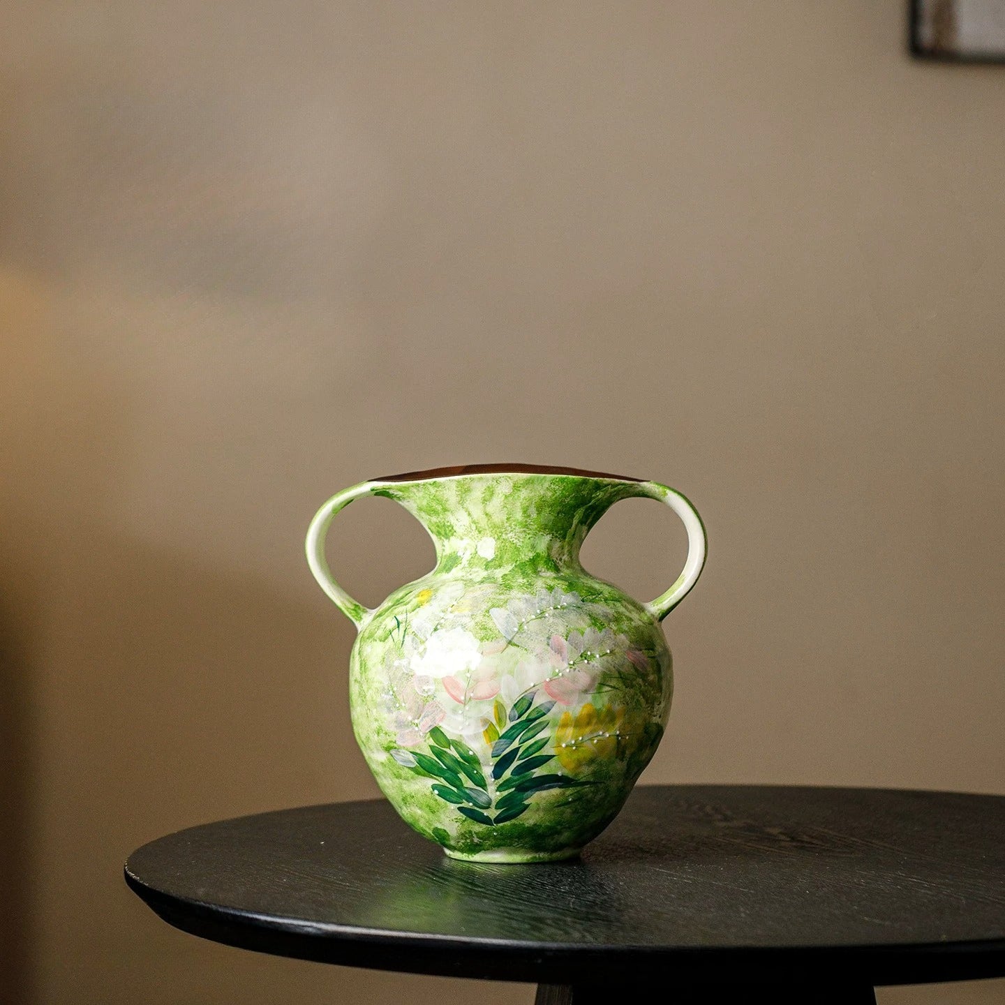 Hand-Painted Green Floral Two-Handled Vase