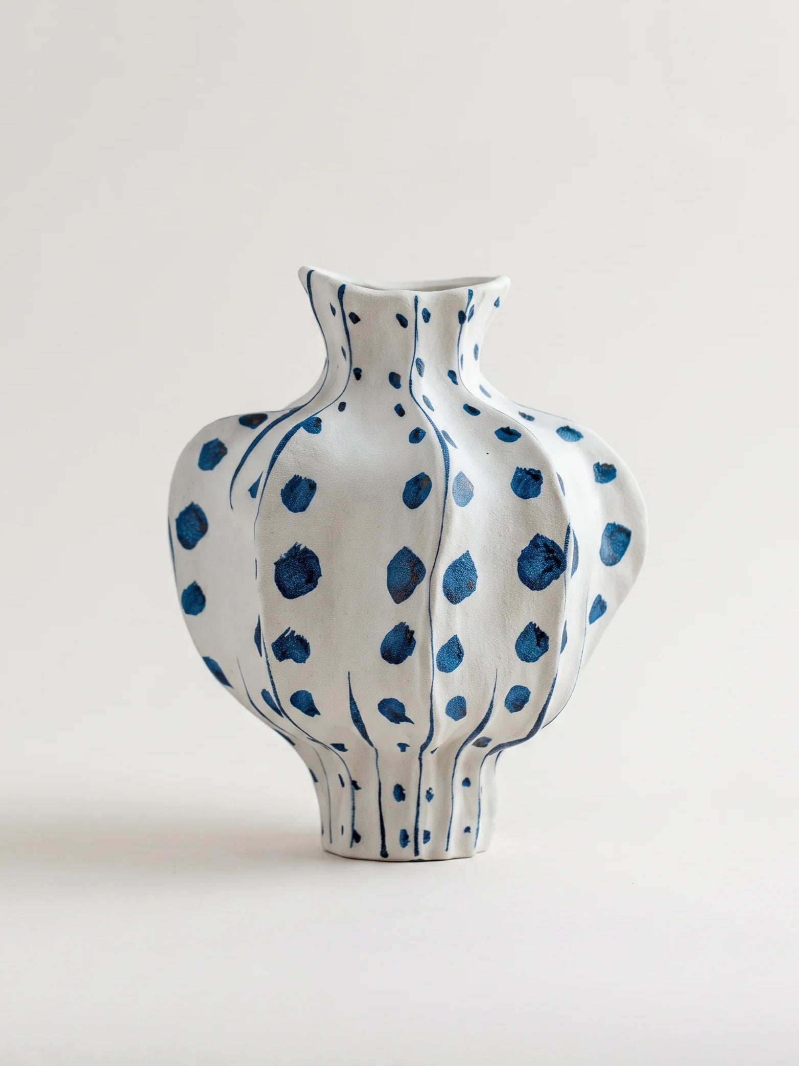Elegant Sculptural Blue Polka-Dot Ceramic Vase