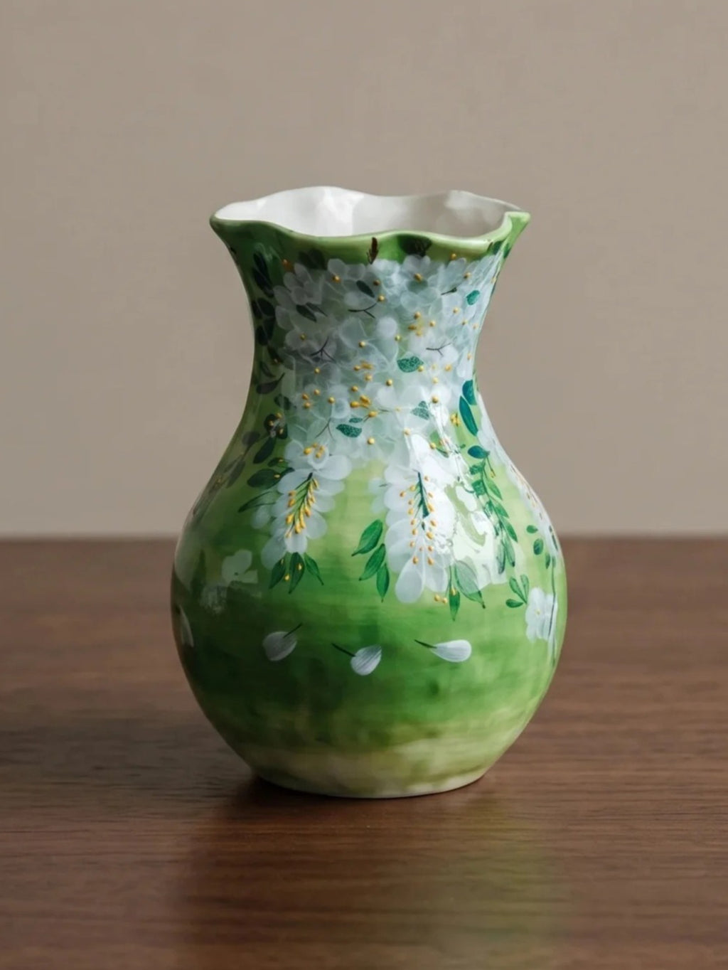 Vintage Hand-painted Emerald Green Fluted Ceramic Vase