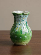 Vintage Hand-painted Emerald Green Fluted Ceramic Vase