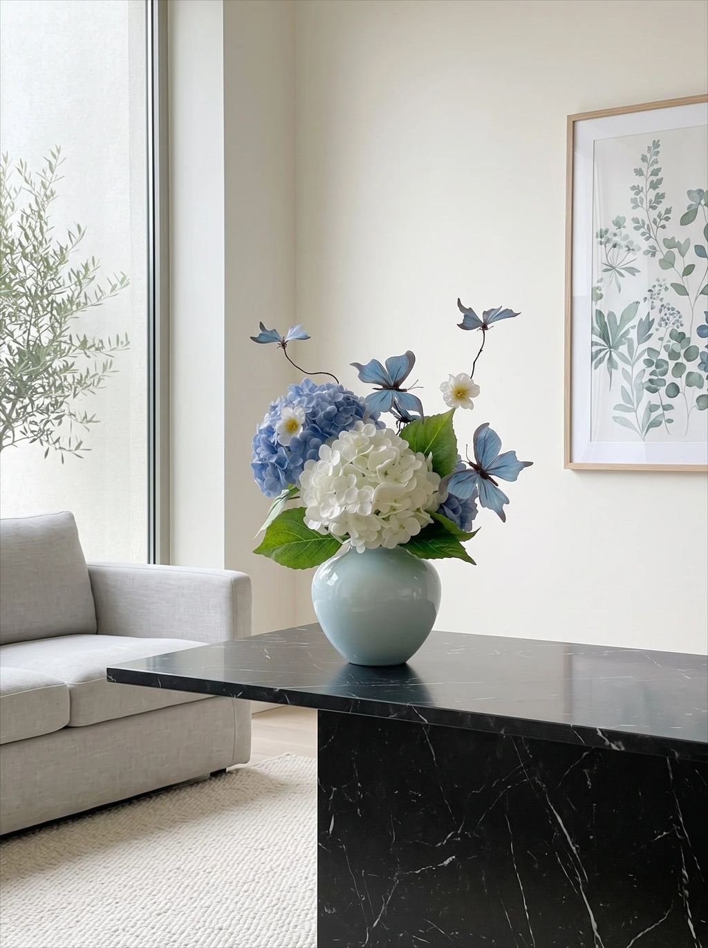 Dreamy Blue Butterfly Hydrangea Artificial Floral Arrangement