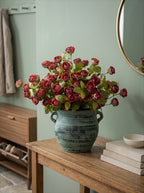 Vintage Crimson Mini Rose Artificial Floral Arrangement with Rustic Elegance