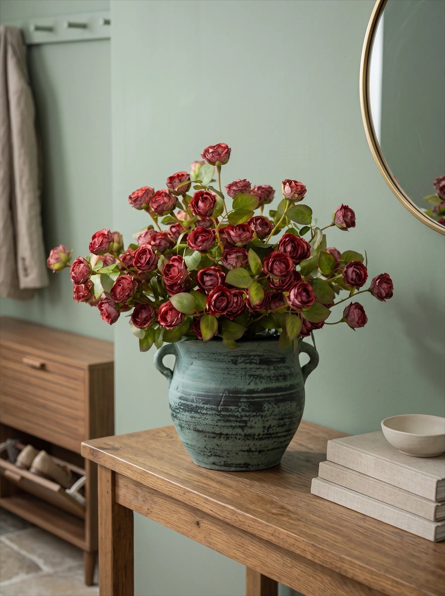 Vintage Crimson Mini Rose Artificial Floral Arrangement with Rustic Elegance