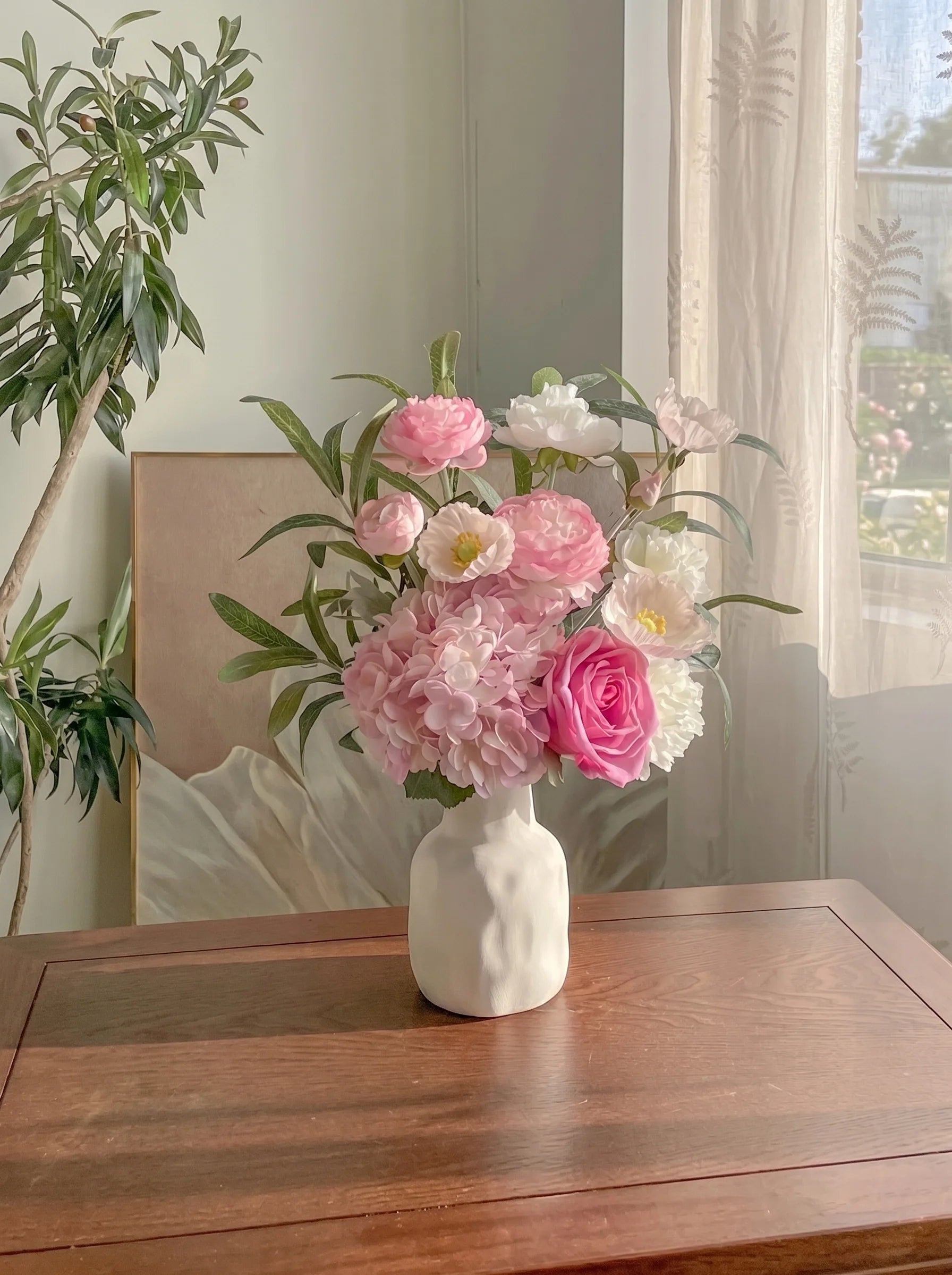 Blush Woodland Rose & Hydrangea Faux Floral Arrangement