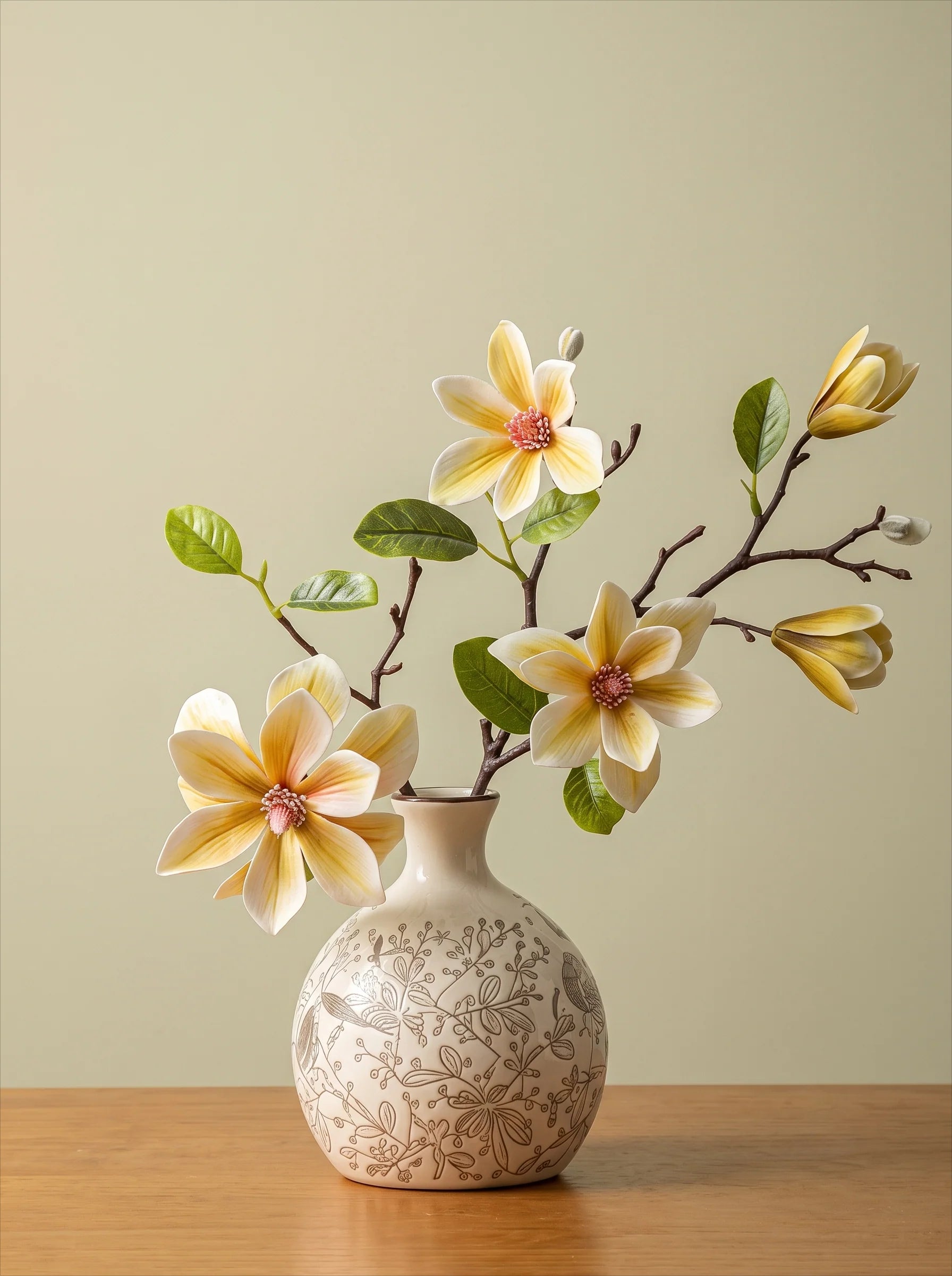 Vintage Yellow Magnolia Faux Floral Arrangement with Vase